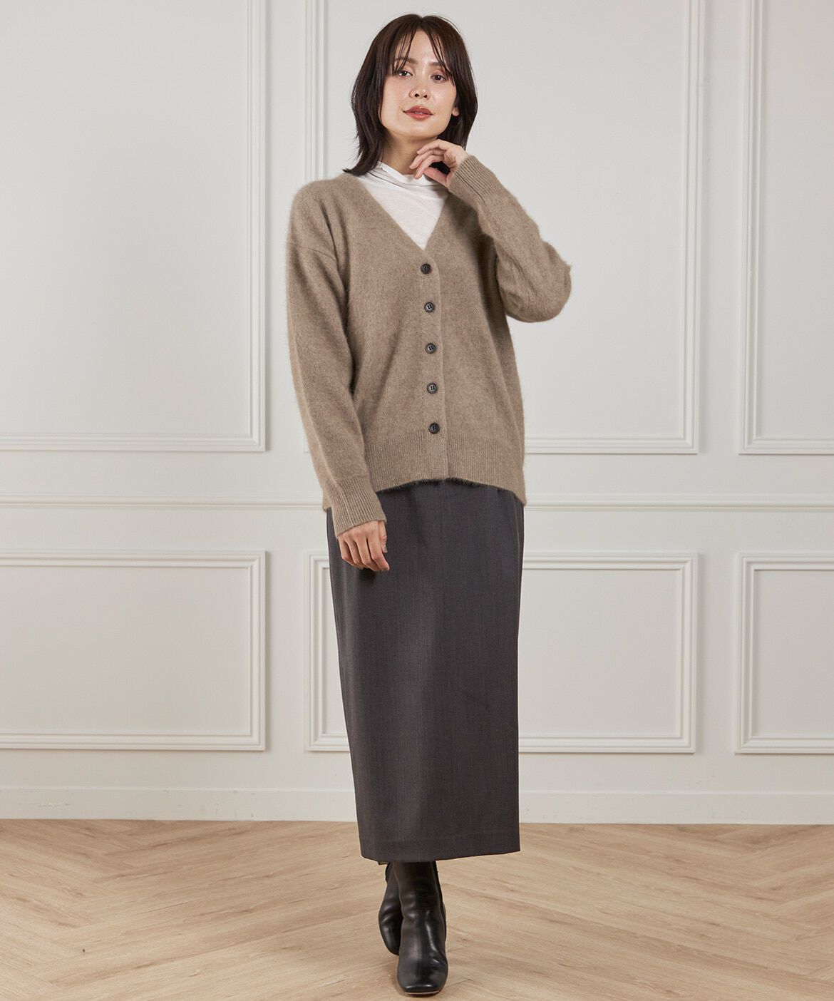 INED「《大きいサイズ》ベルテッドスカート」|タイト|