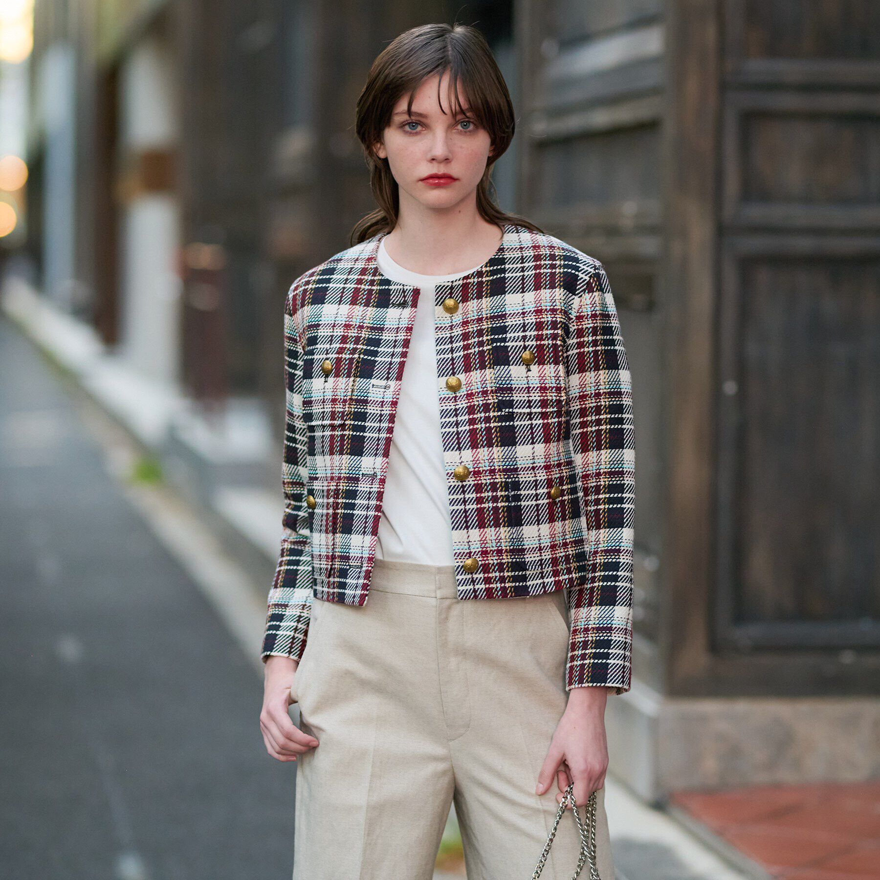 DRESSTERIOR「【DEVEAUX社ツイード使用】コンパクトチェックジャケット」|ノーカラージャケット|