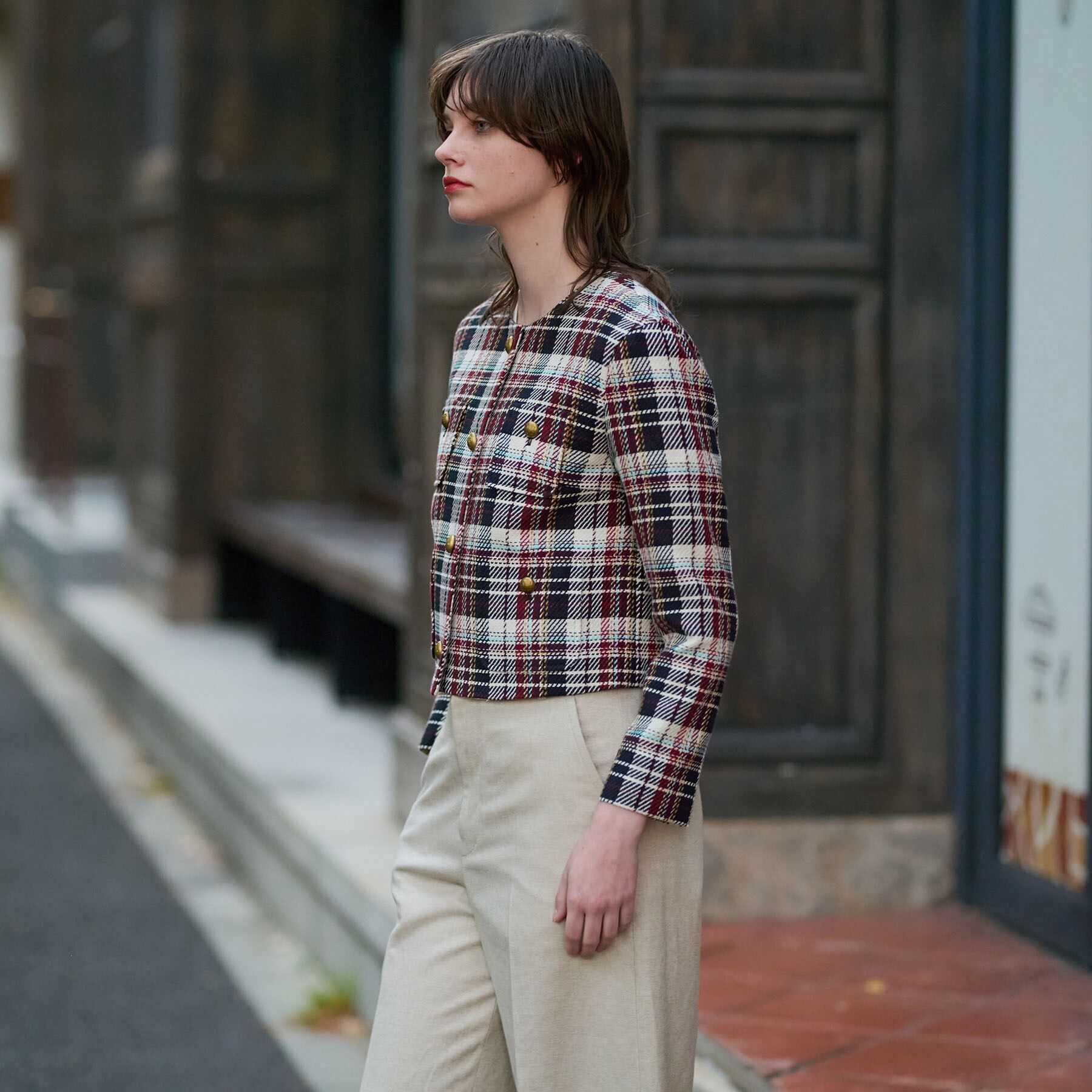 DRESSTERIOR「【DEVEAUX社ツイード使用】コンパクトチェックジャケット」|ノーカラージャケット|