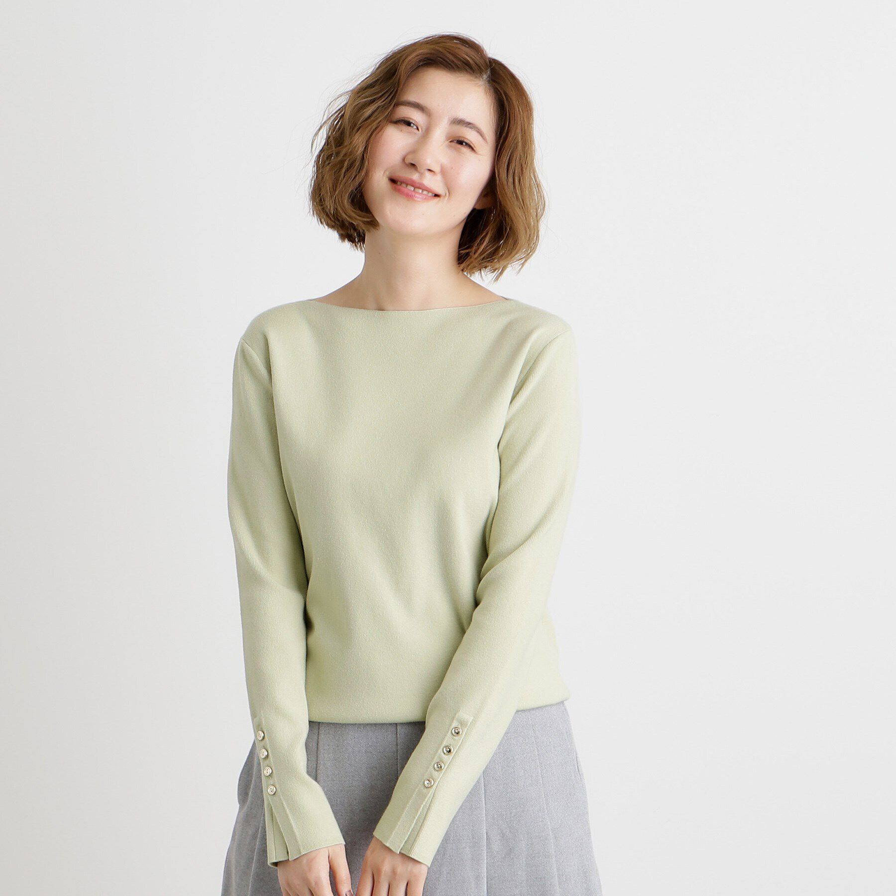 grove「総針袖口金ボタンニットロンT」|ニット・セーター|ピスタチオ(021)