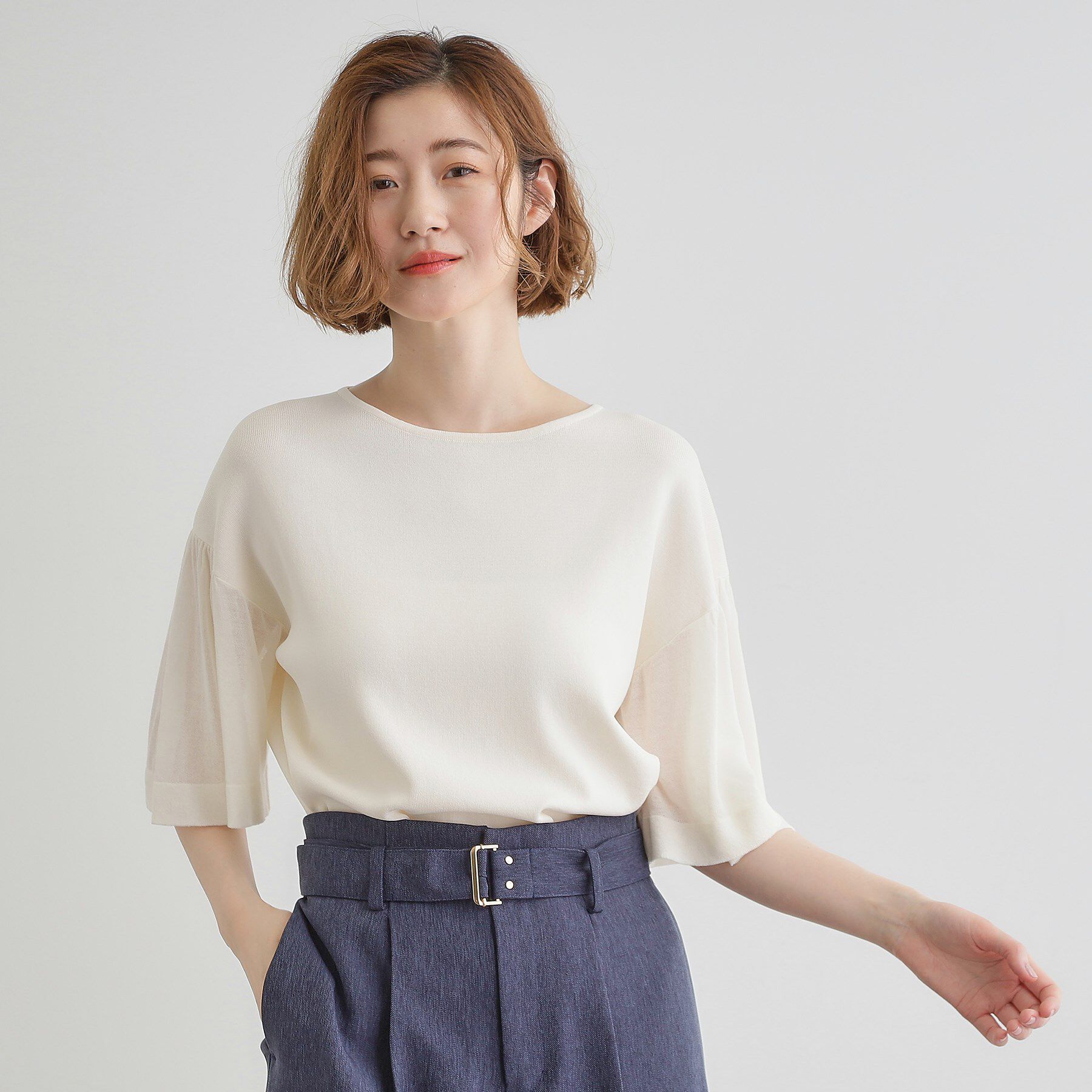 grove「【嬉しい機能付き】やわらかドライタッチシアーフレアスリーブニット」|ニット・セーター|