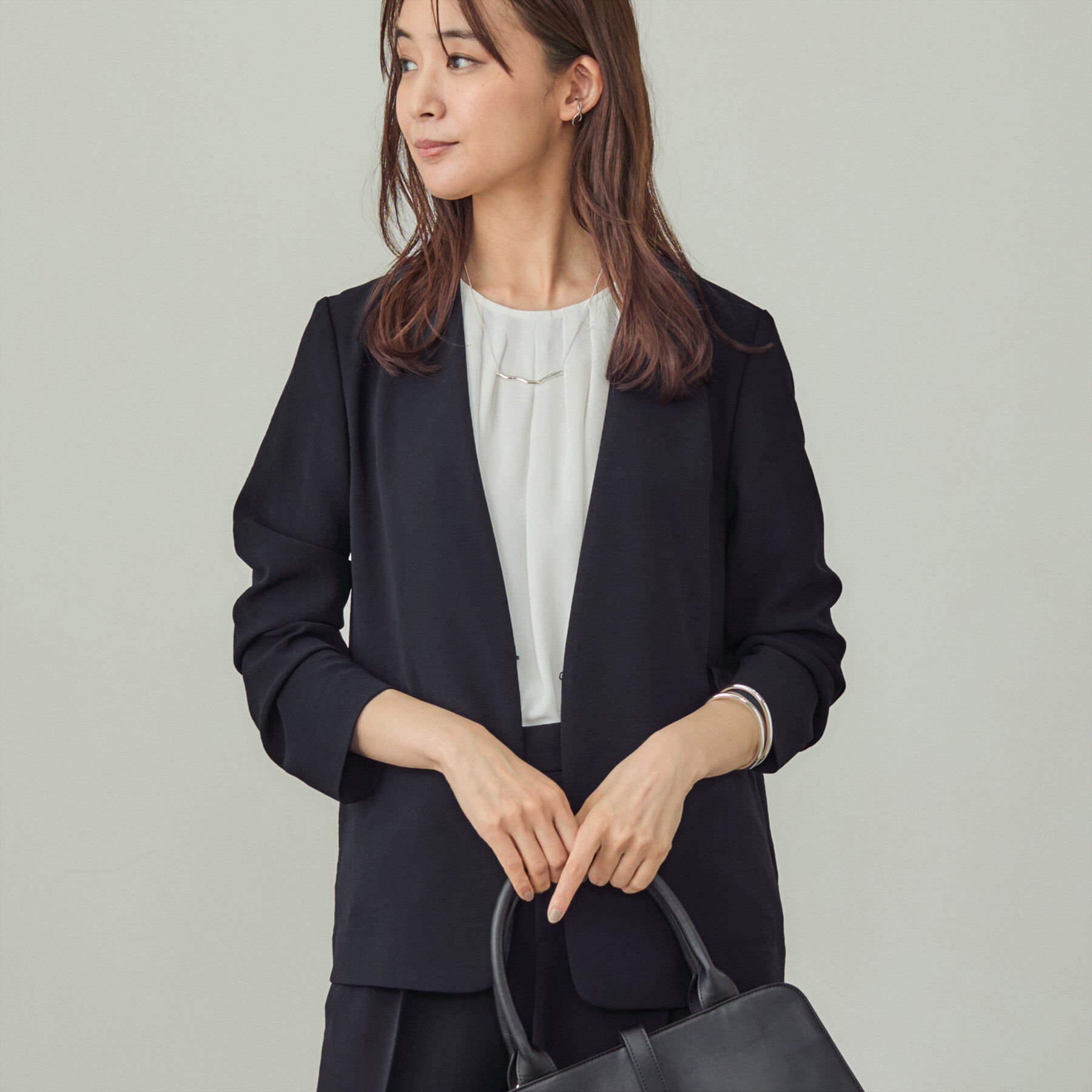 INDIVI「【洗える／UVケア】ノーカラー ナロージャケット」|スーツ|ネイビー(094)