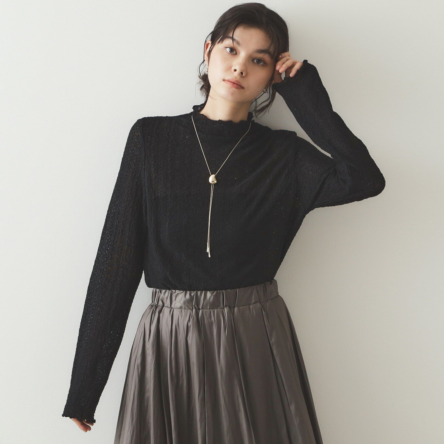 OPAQUE.CLIP「シアーレースハイネックトップス【洗濯機洗い可】」|Tシャツ・カットソー|