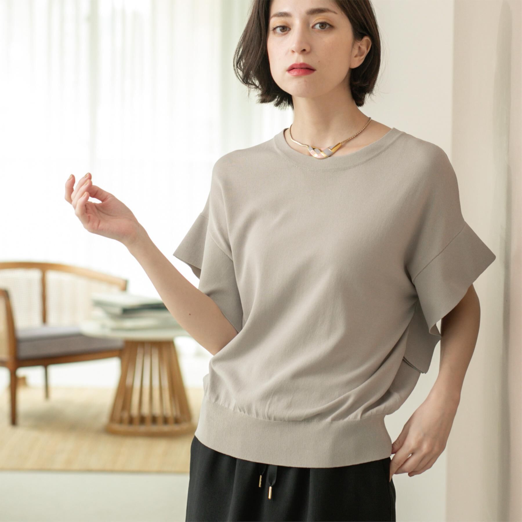 OPAQUE.CLIP「フリルスリーブニット【UVケア/接触冷感/洗濯機洗い可/抗ピル】」|ニット・セーター|グレー(012)