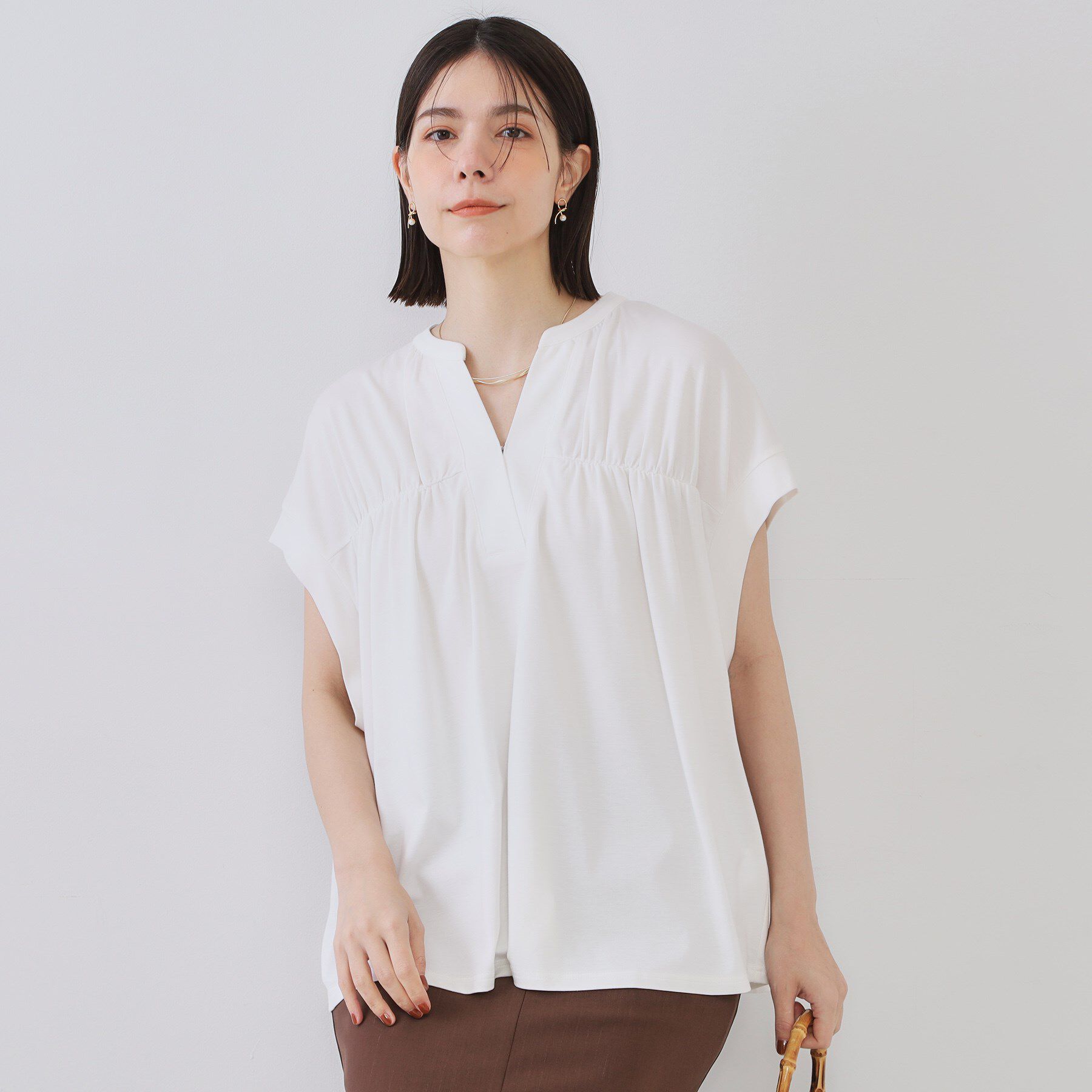 OPAQUE.CLIP「スキッパーフレアカットソー【接触冷感/洗濯機洗い可】」|Tシャツ・カットソー|ホワイト(001)