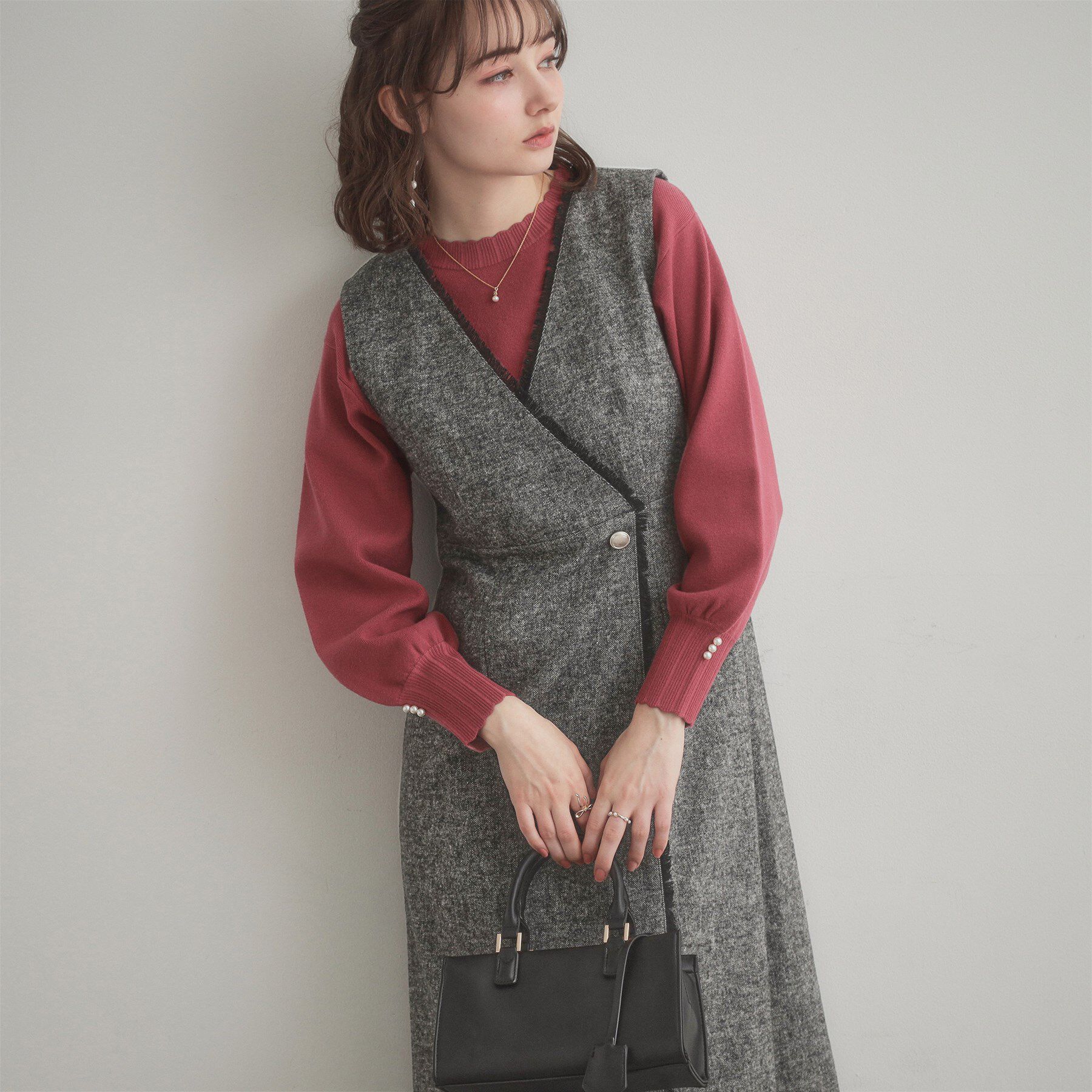 Couture broach「【通勤】フリンジツイードジャンスカ」|ジャンパースカート|ブラック(019)