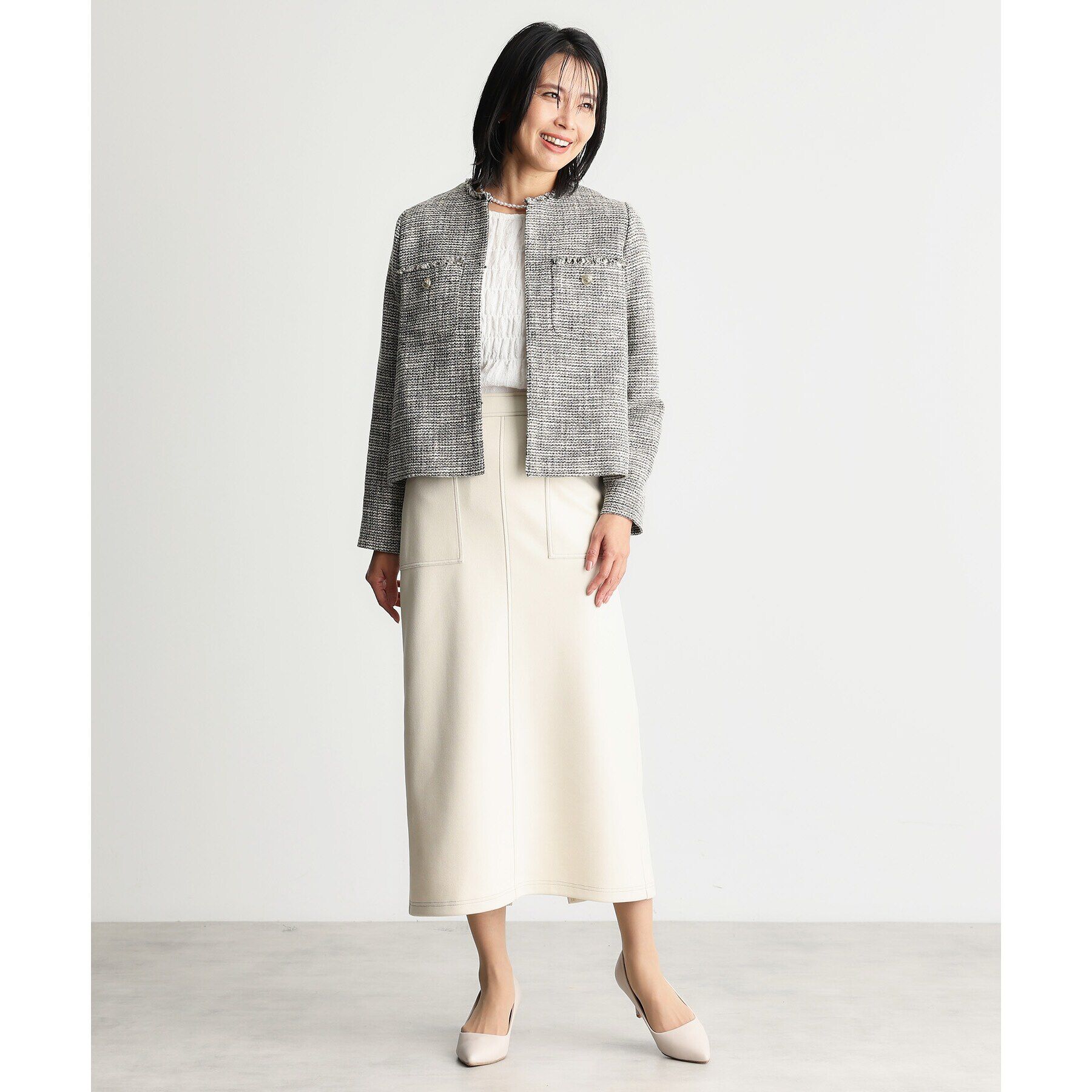 THE SHOP TK「【ONOFF活躍/セレモニー/通勤】ツイードノーカラージャケット/洗える」|ノーカラージャケット|