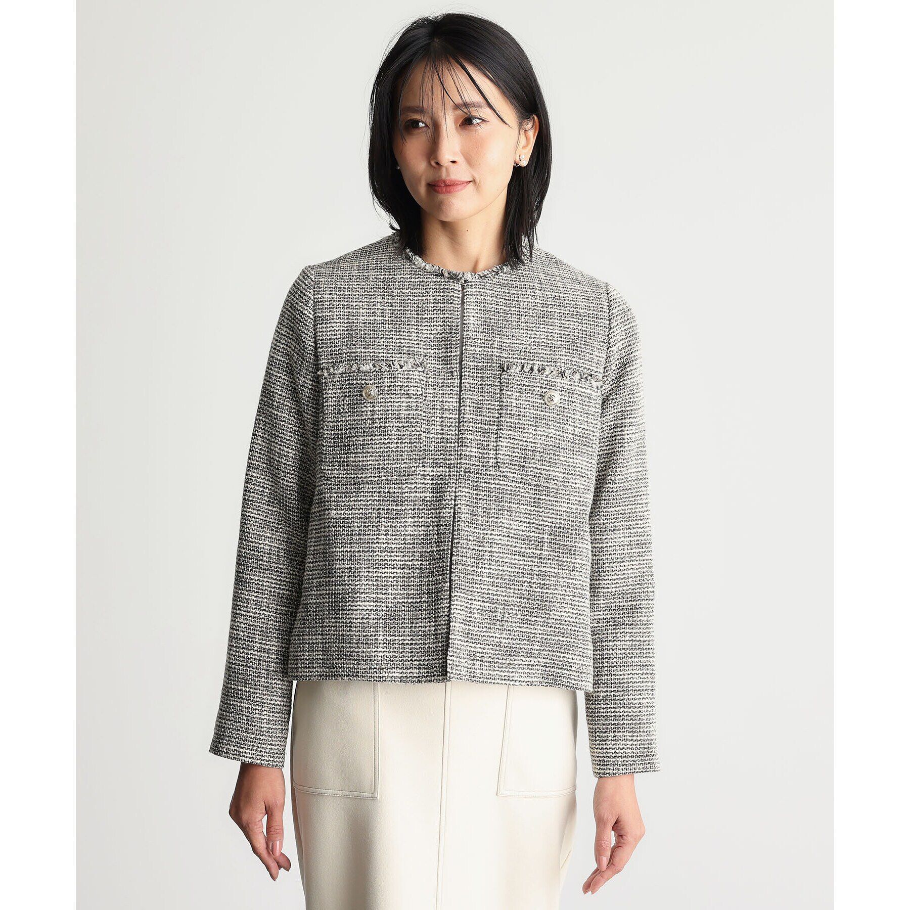 THE SHOP TK「【ONOFF活躍/セレモニー/通勤】ツイードノーカラージャケット/洗える」|ノーカラージャケット|