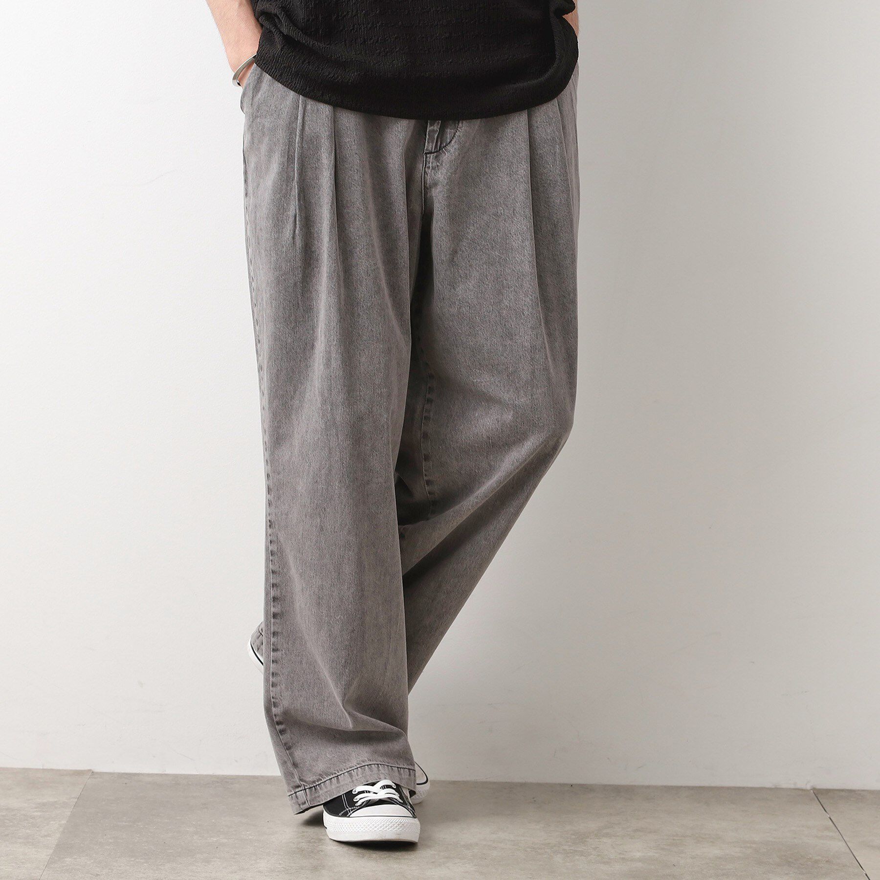 THE SHOP TK「ツータックワイドデニムパンツ」|その他|ライトグレー(011