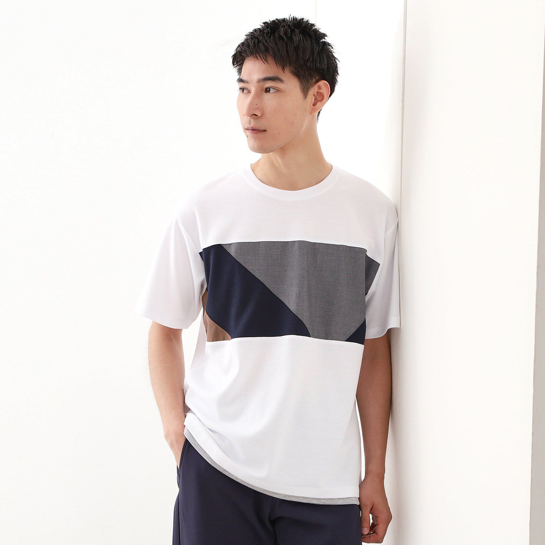 THE SHOP TK「パネル切替半袖Tシャツ 【接触冷感/洗濯機OK】」|Tシャツ・カットソー|オフホワイト(003