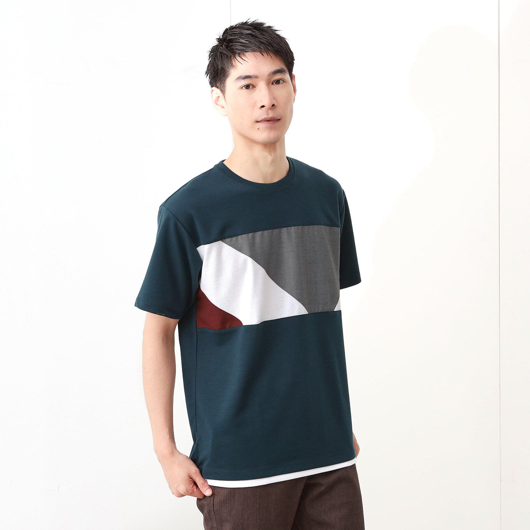 THE SHOP TK「パネル切替半袖Tシャツ 【接触冷感/洗濯機OK】」|Tシャツ・カットソー|グリーン(024)