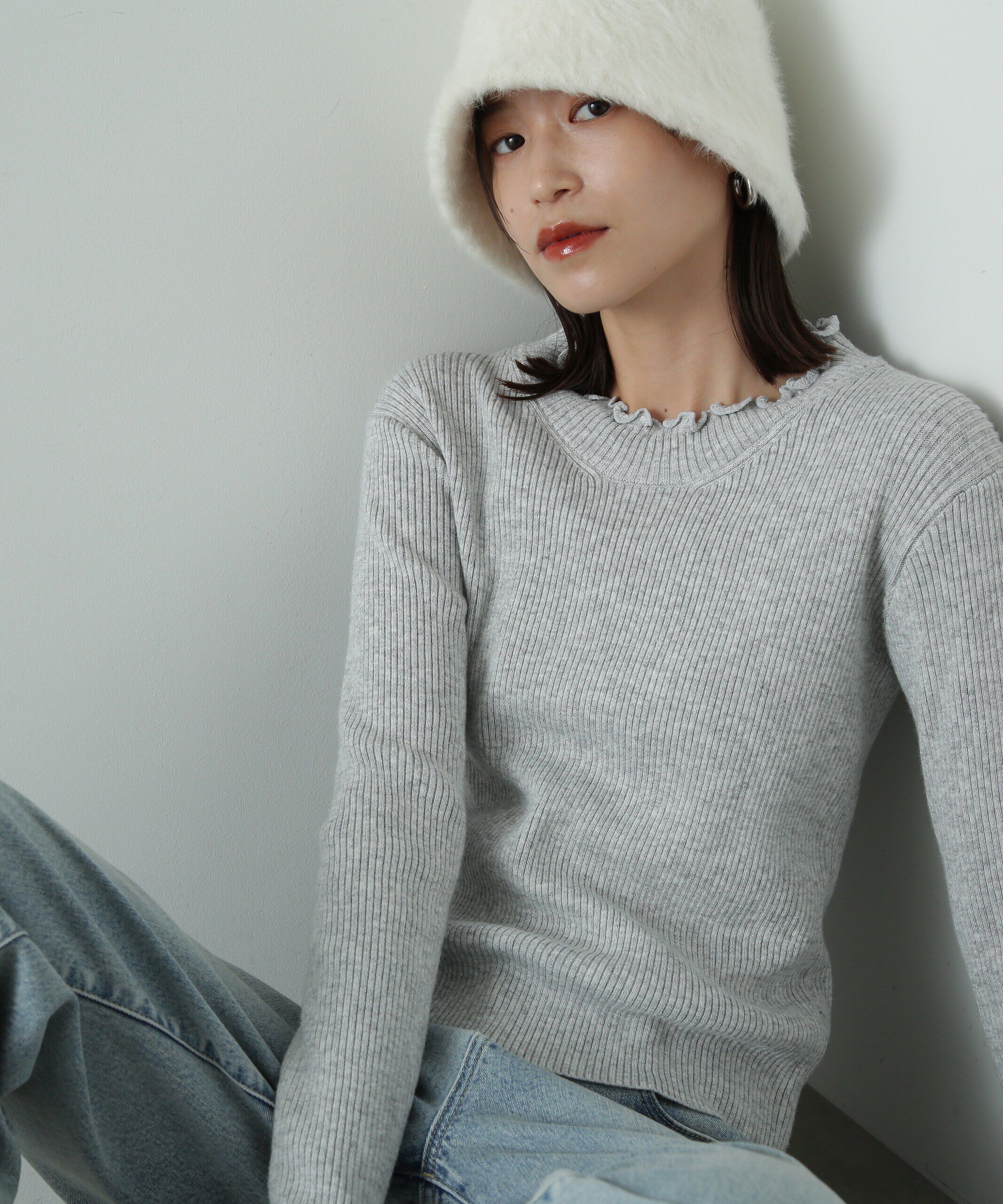  「メローネックリブニット」|ニット・セーター|グレー