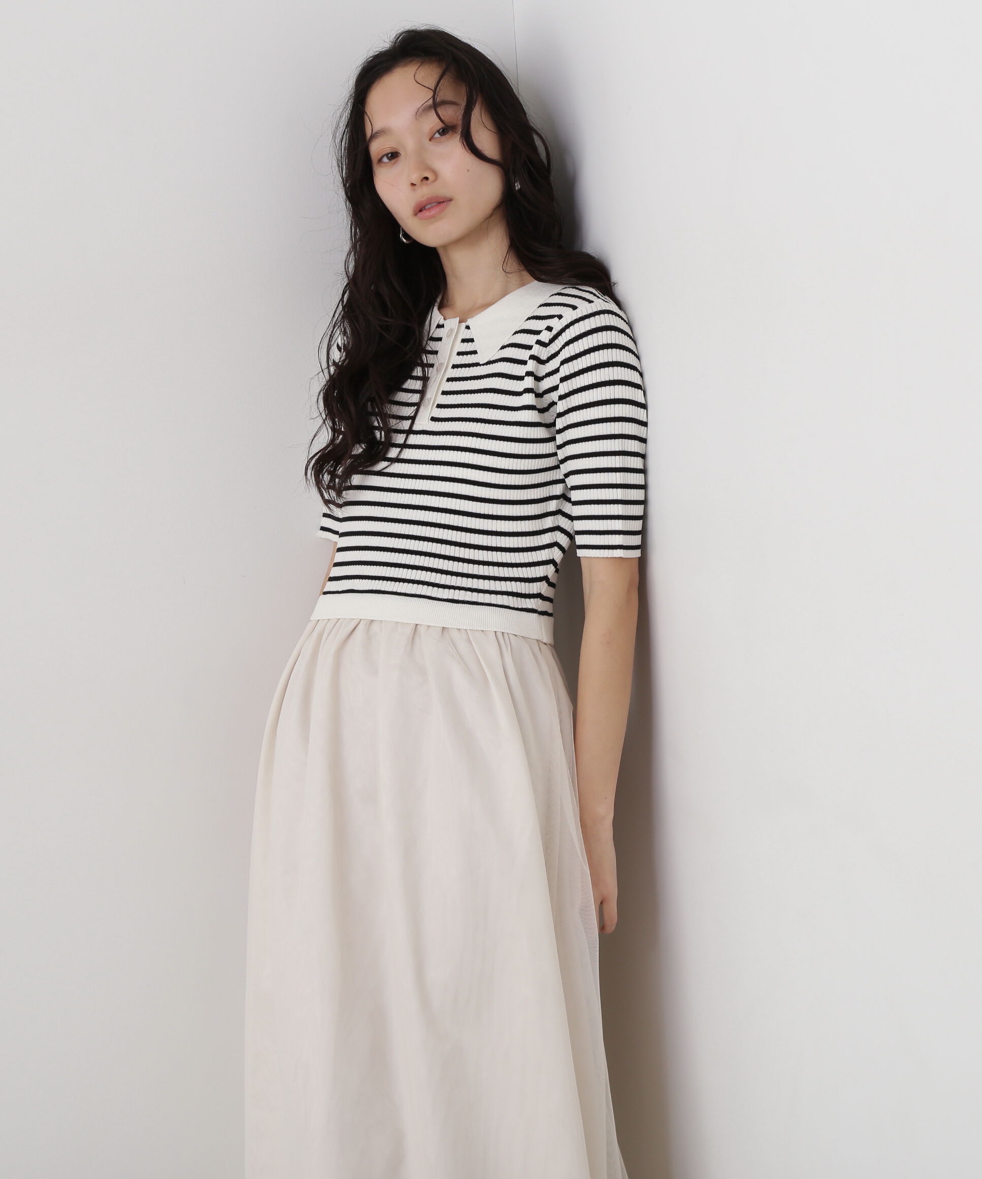  「ポロニットチュールスカートドッキングワンピース」|ワンピース|