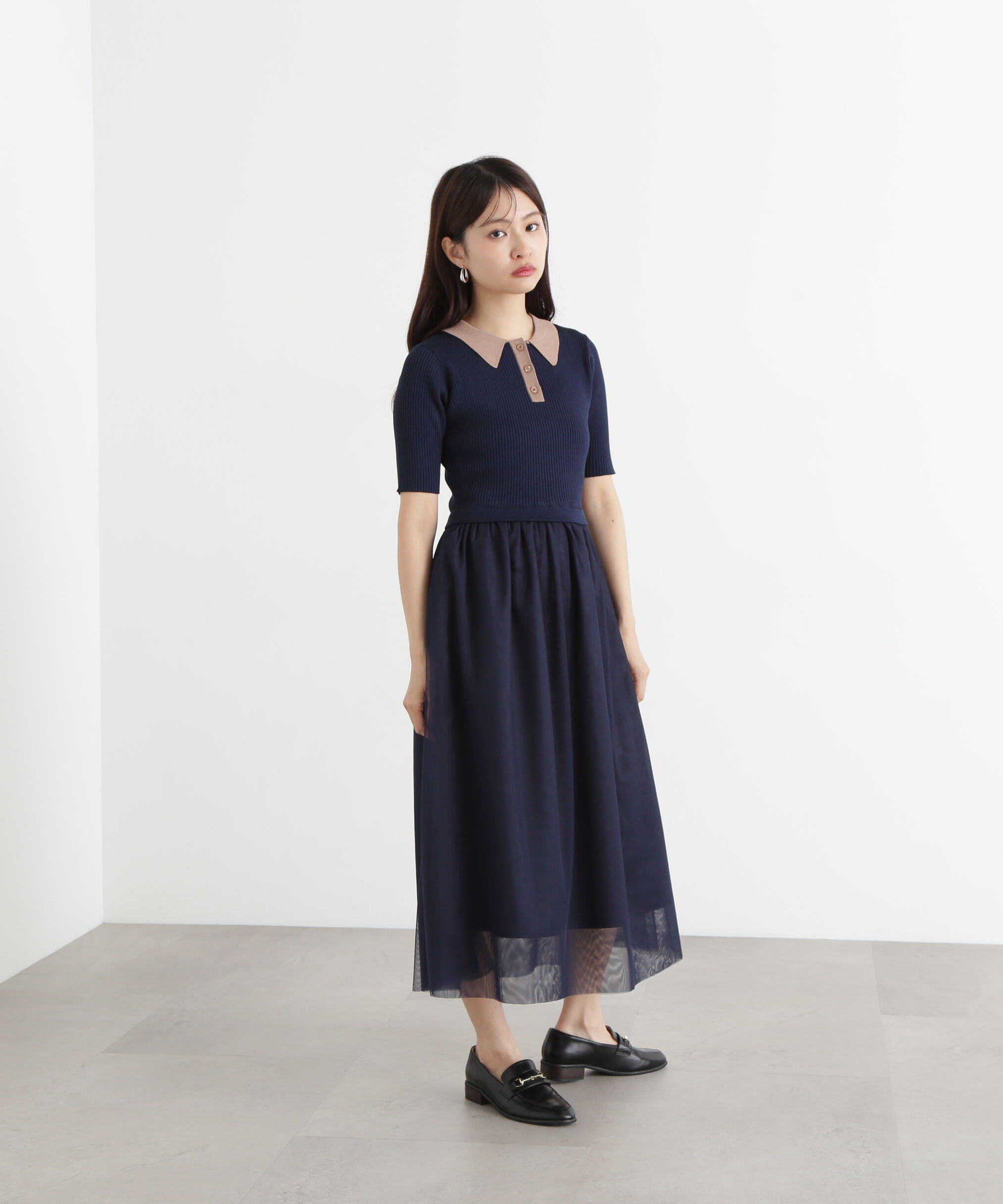  「ポロニットチュールスカートドッキングワンピース」|ワンピース|