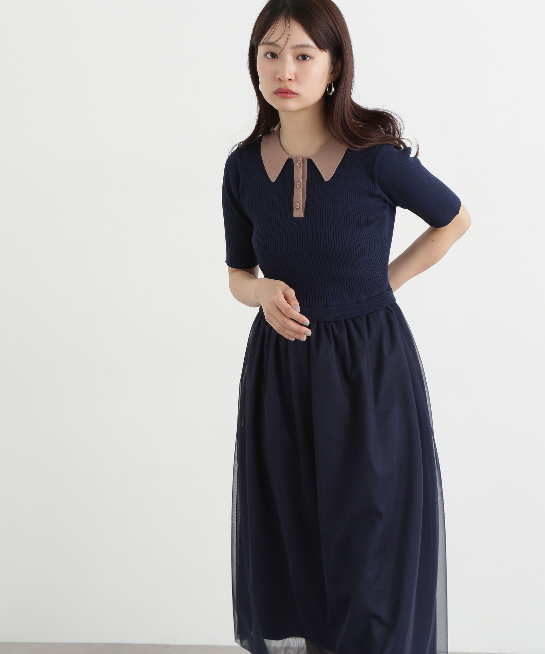  「ポロニットチュールスカートドッキングワンピース」|ワンピース|