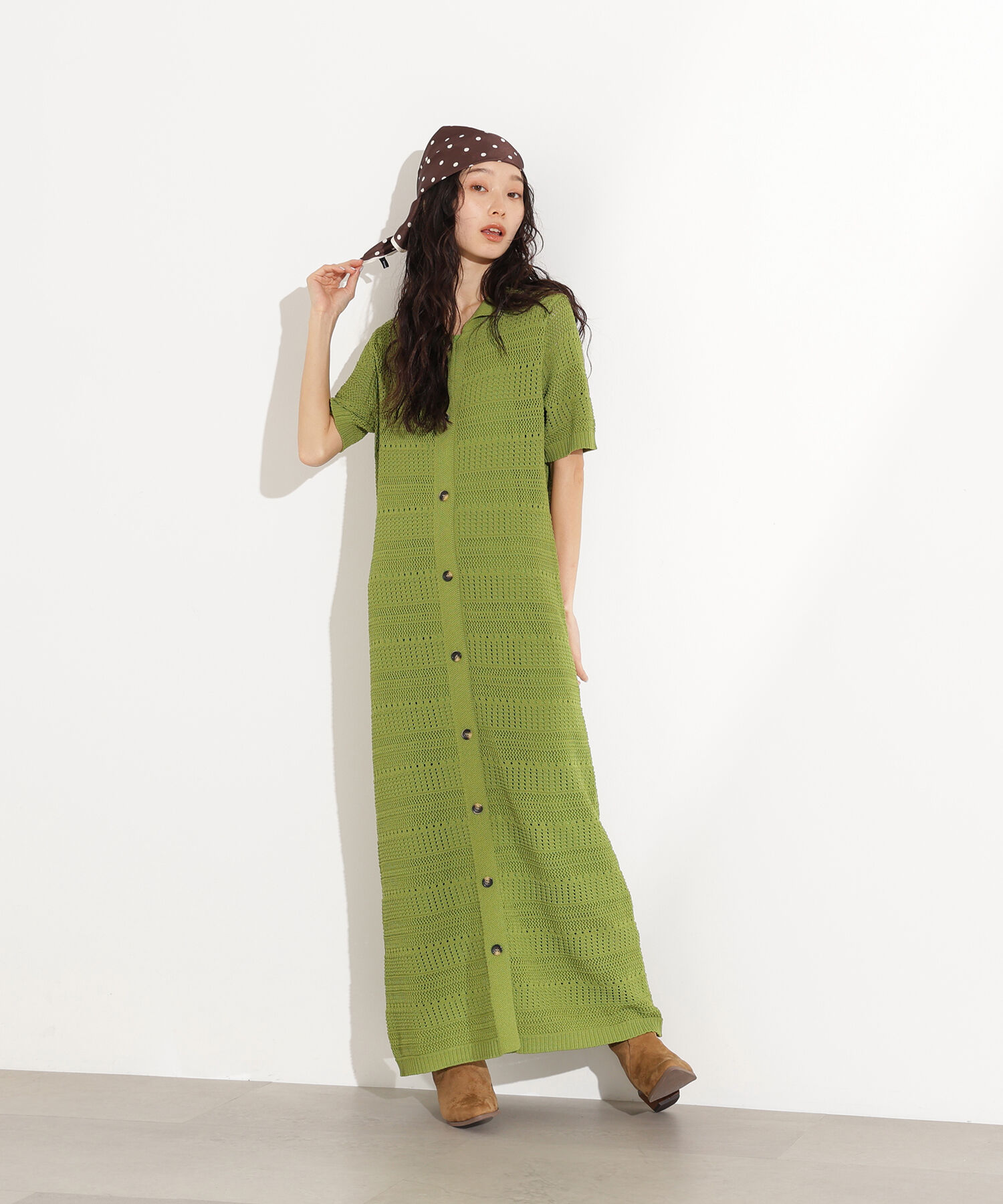  「透かし編みポロニットワンピース」|スカート|