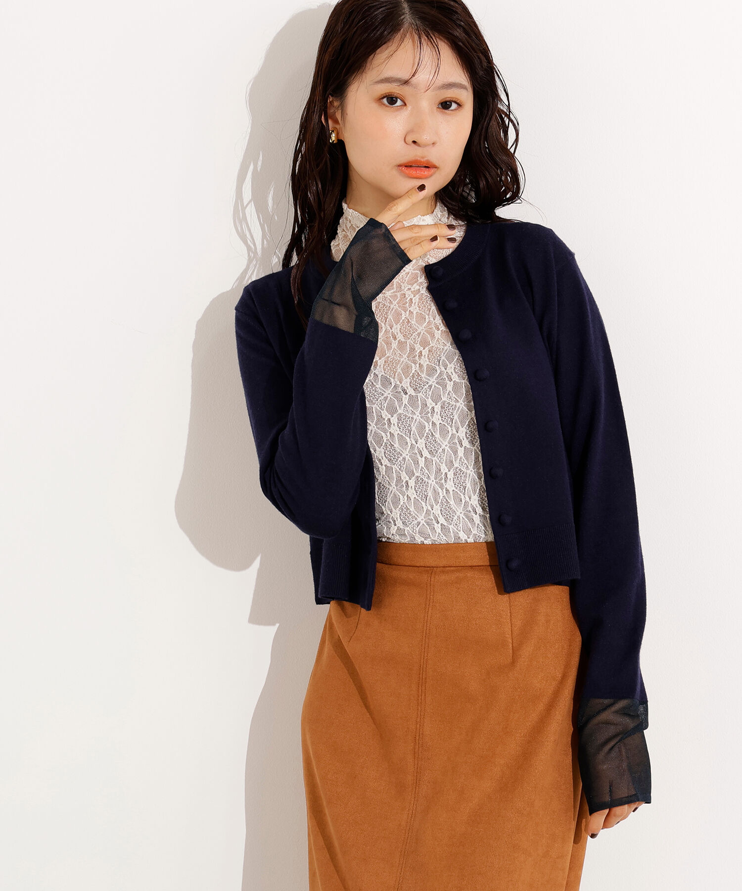  「シアーカフスコンパクトカーデ」|ニット・セーター|ネイビー