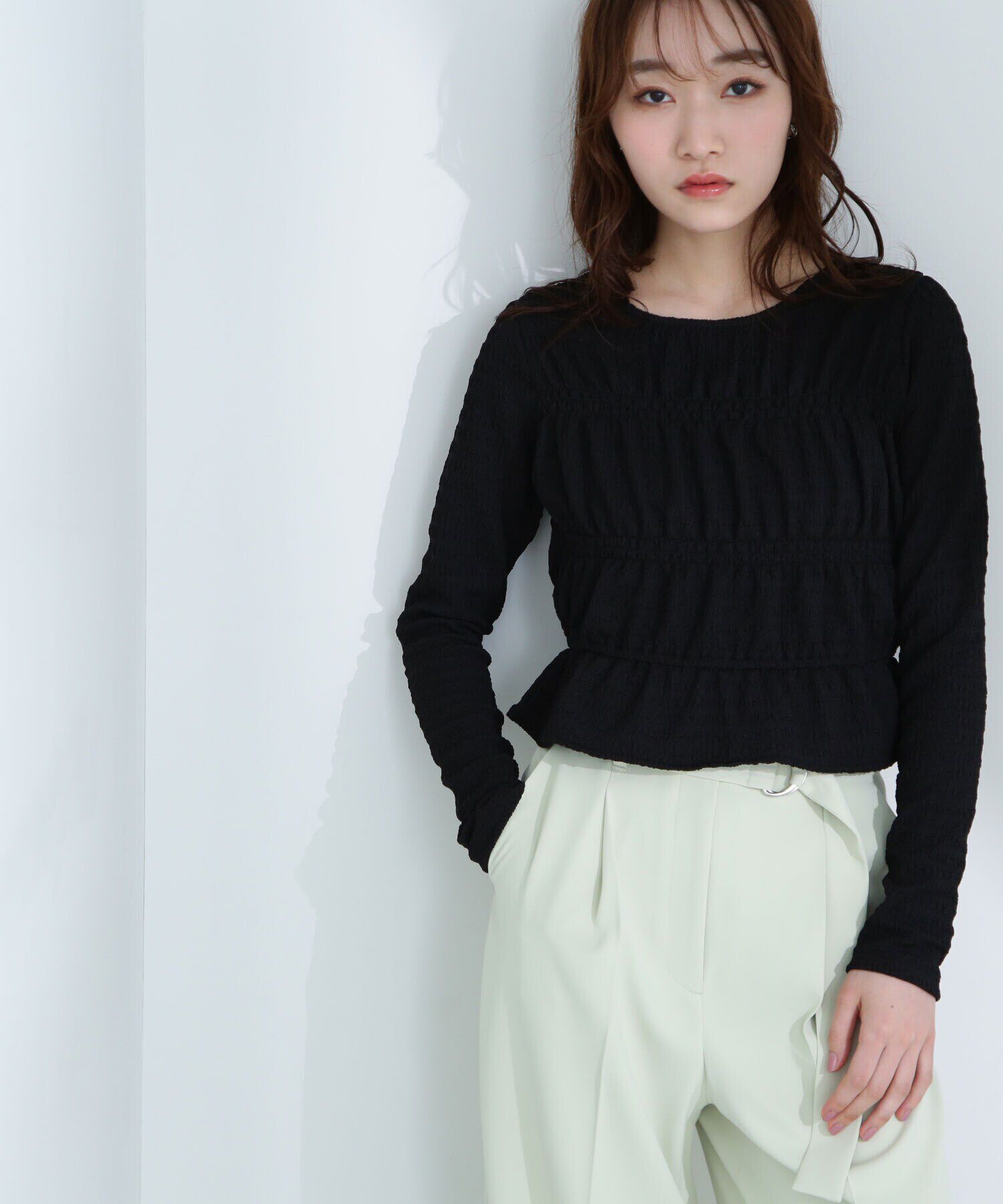  「シャーリングペプラムトップス」|Tシャツ・カットソー|