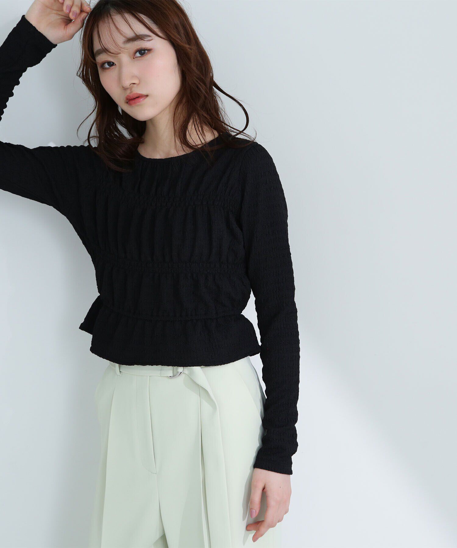  「シャーリングペプラムトップス」|Tシャツ・カットソー|