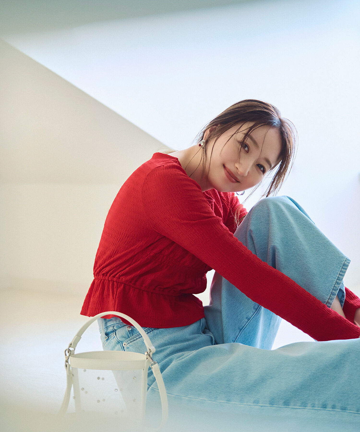  「シャーリングペプラムトップス」|Tシャツ・カットソー|アカ