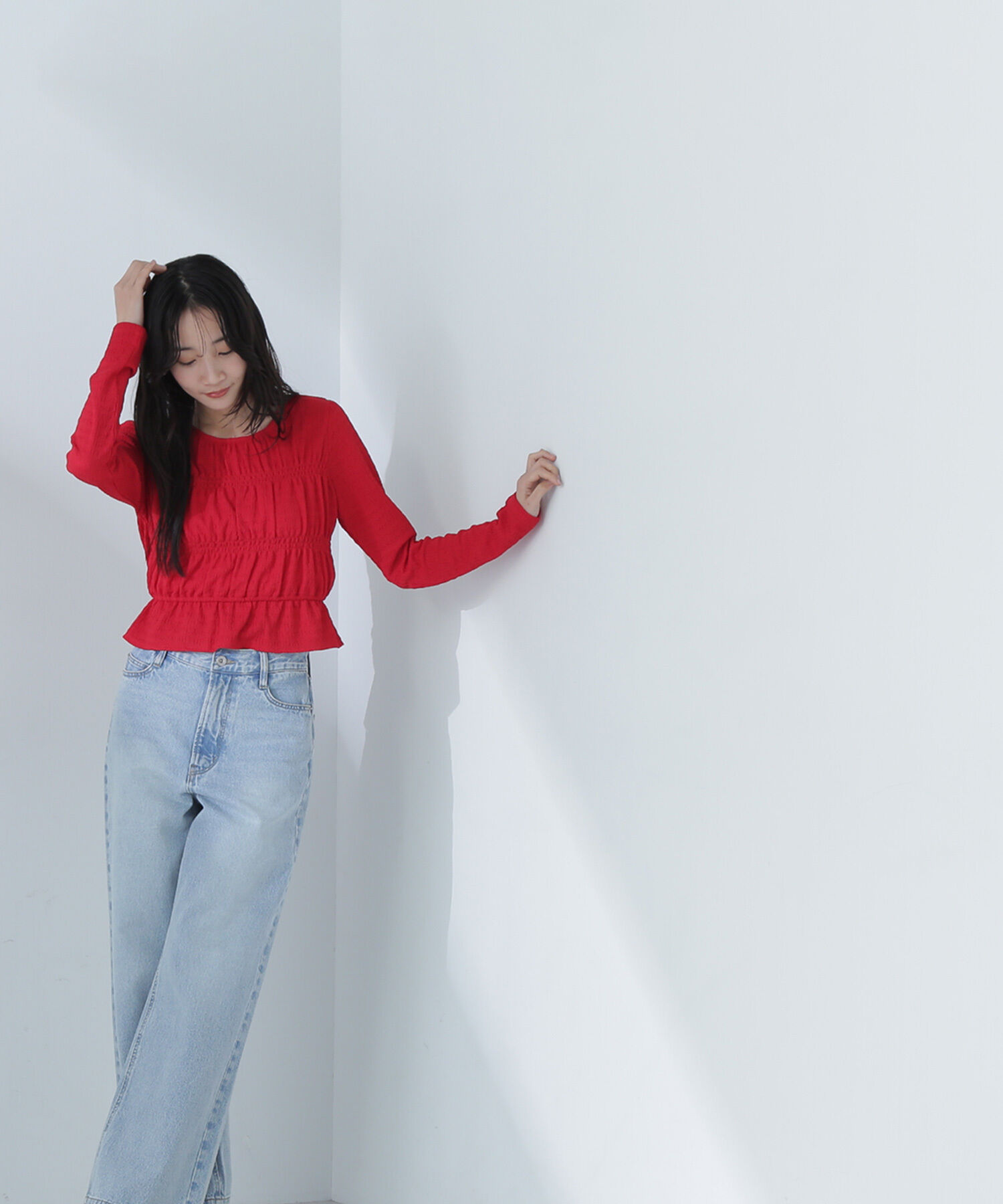  「シャーリングペプラムトップス」|Tシャツ・カットソー|