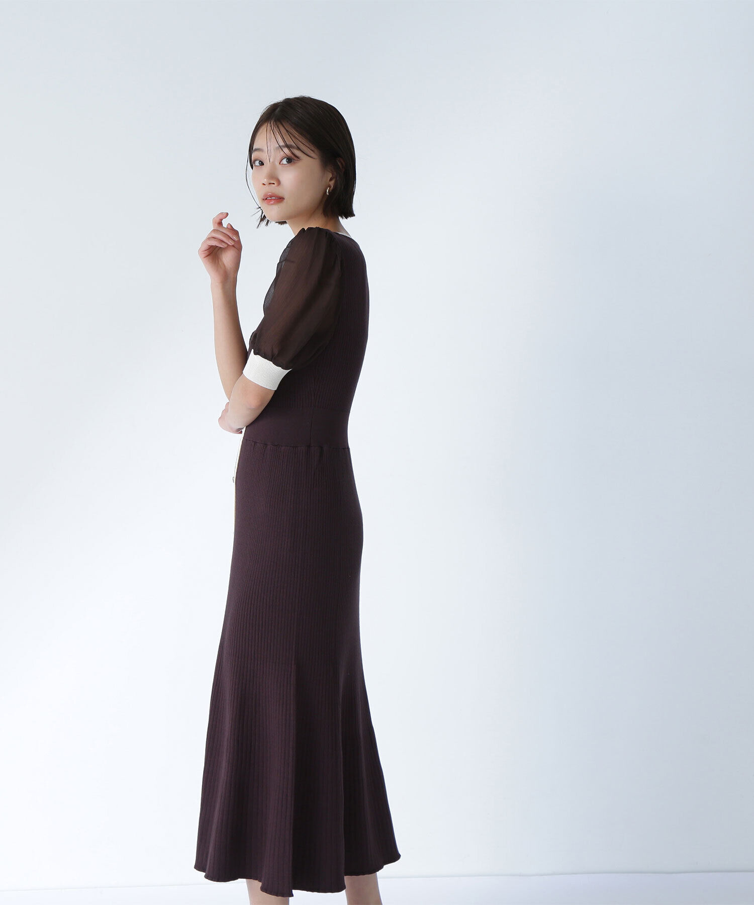  「シアースリーブバイカラーニットワンピース」|ワンピース|