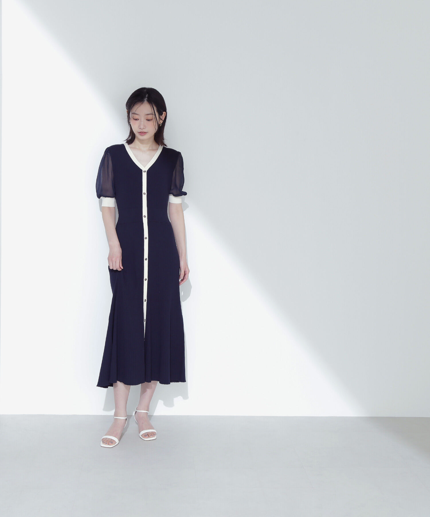  「シアースリーブバイカラーニットワンピース」|ワンピース|