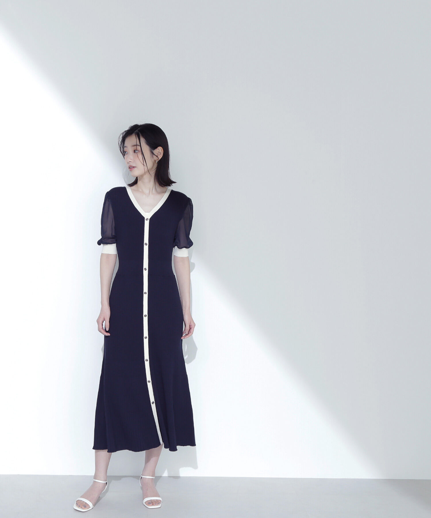  「シアースリーブバイカラーニットワンピース」|ワンピース|