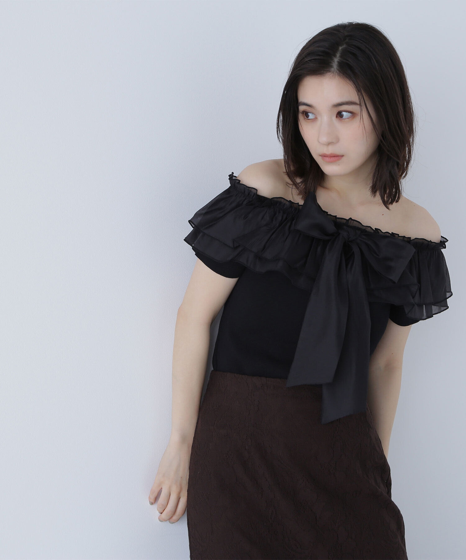  「オフショルフリルリボンニット」|ニット・セーター|