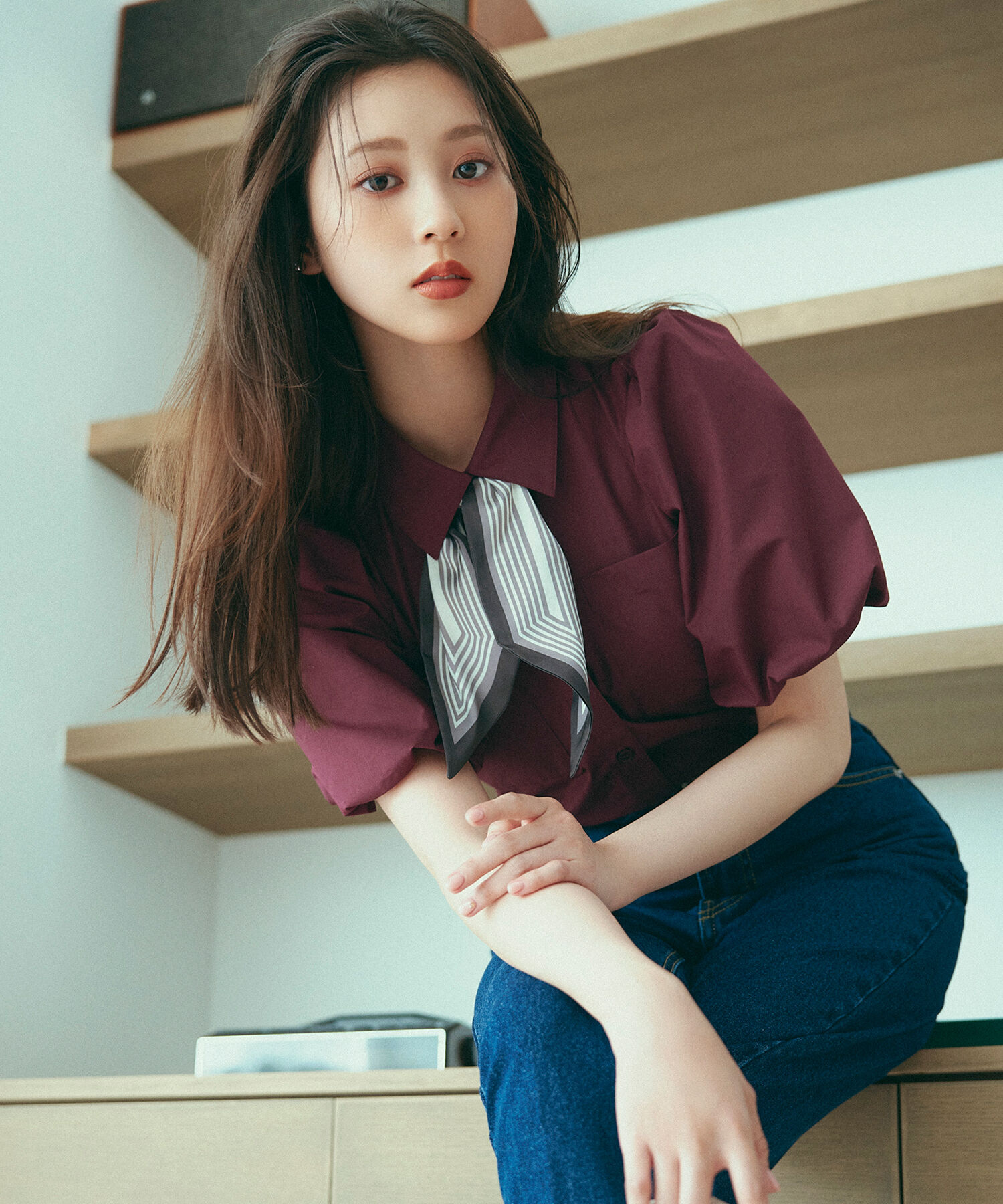  「スカーフ付バルーンスリーブシャツ」|シャツ・ブラウス|バーガンディ1