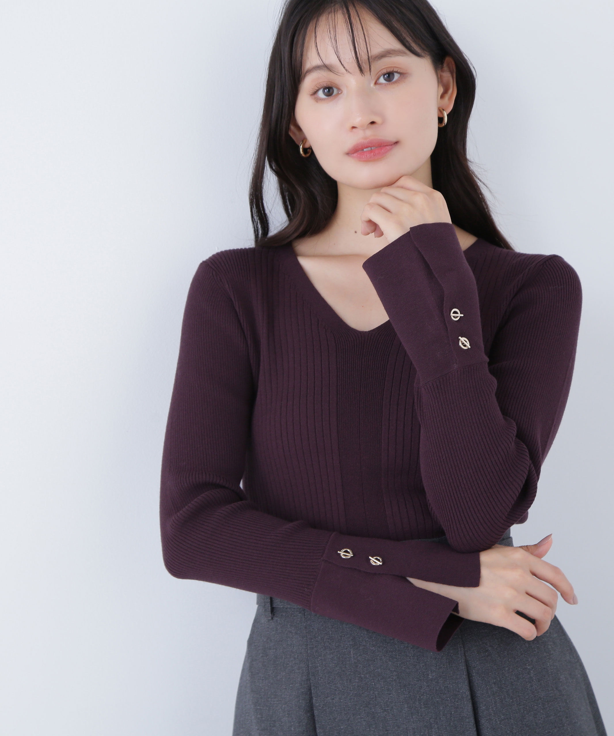  「Vネックハトメスリーブリブニット」|ニット・セーター|