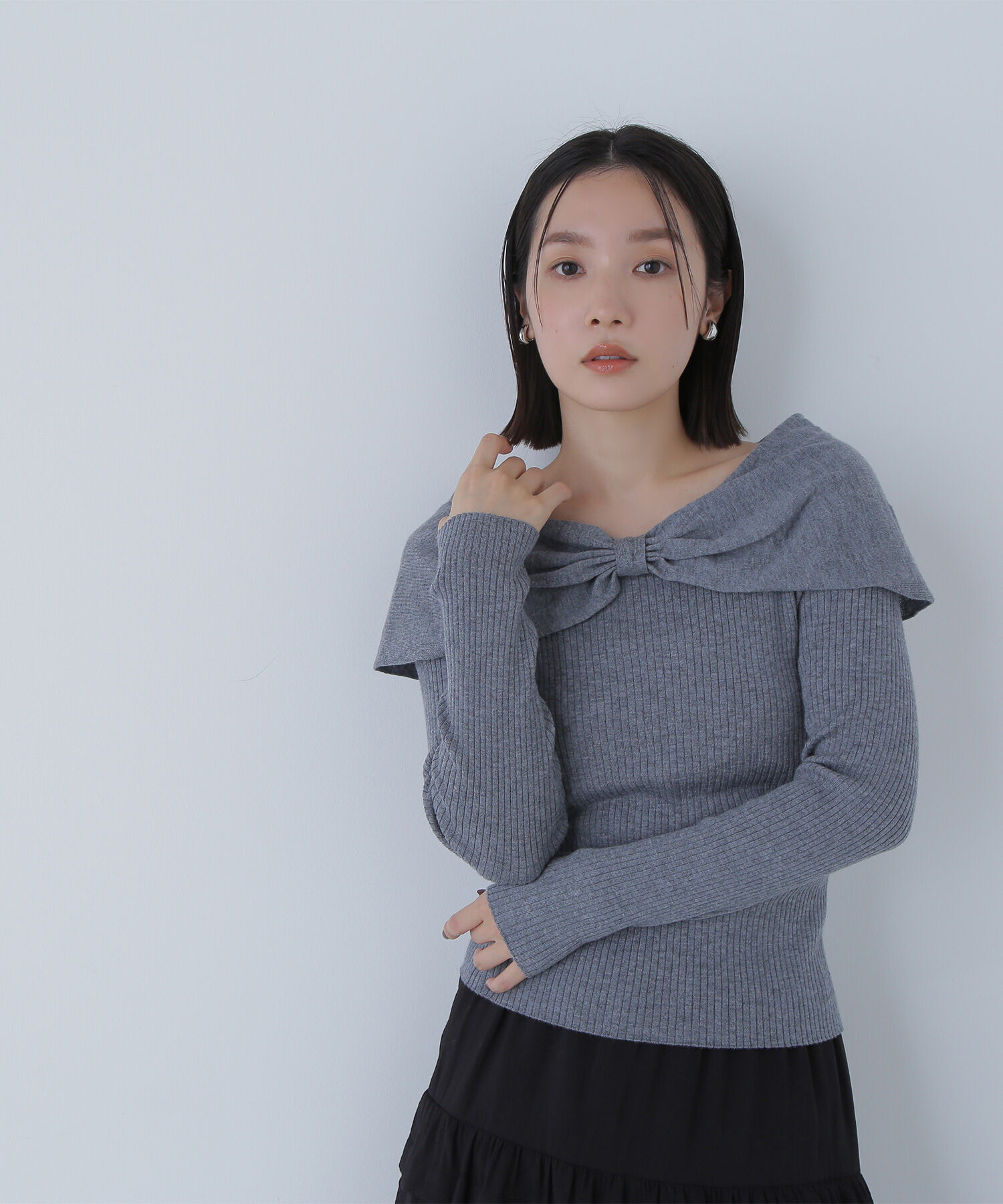  「フロントリボンニット」|ニット・セーター|グレー