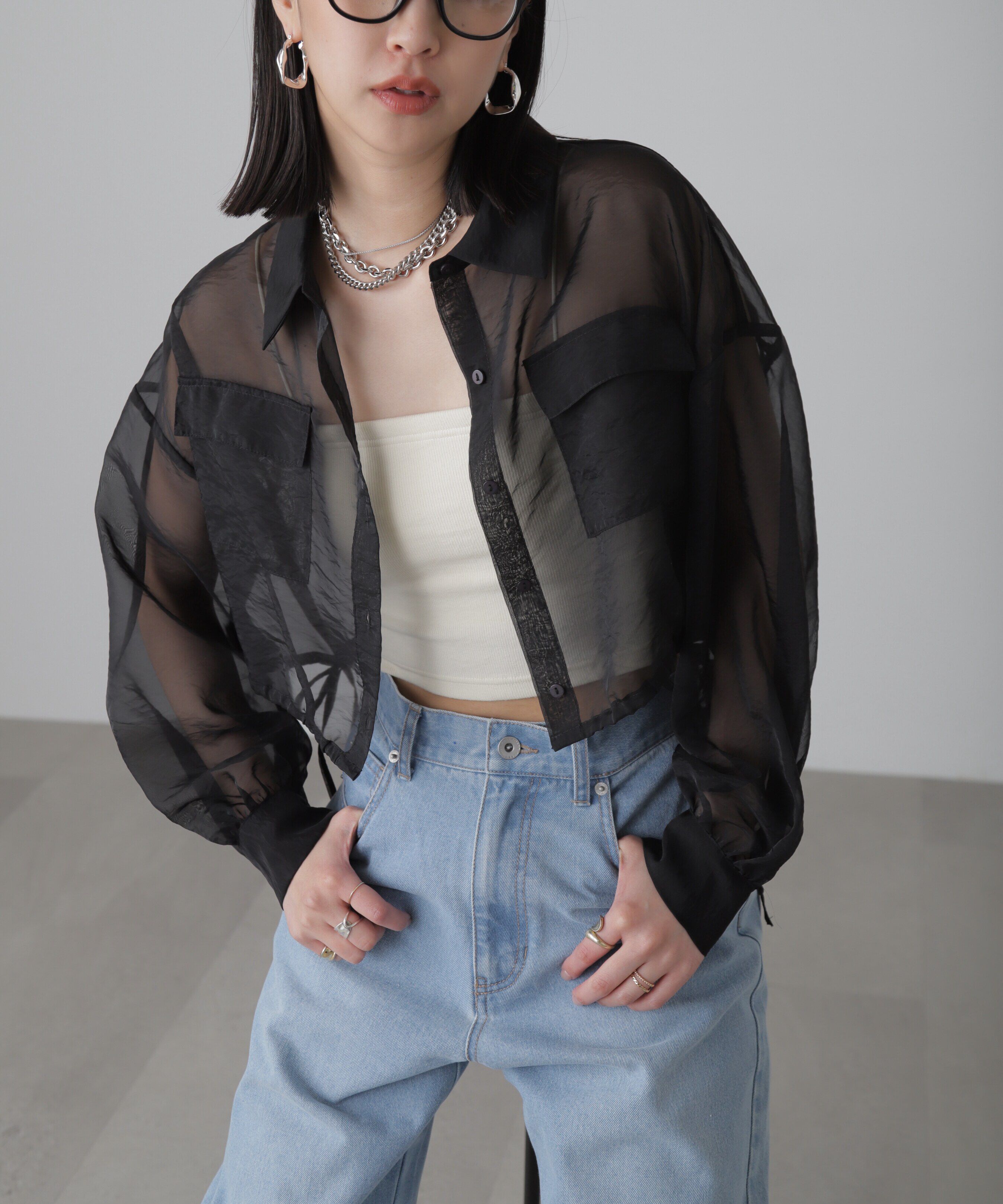  「裾ドロストショート丈シアーシャツ」|シャツ・ブラウス|ブラック