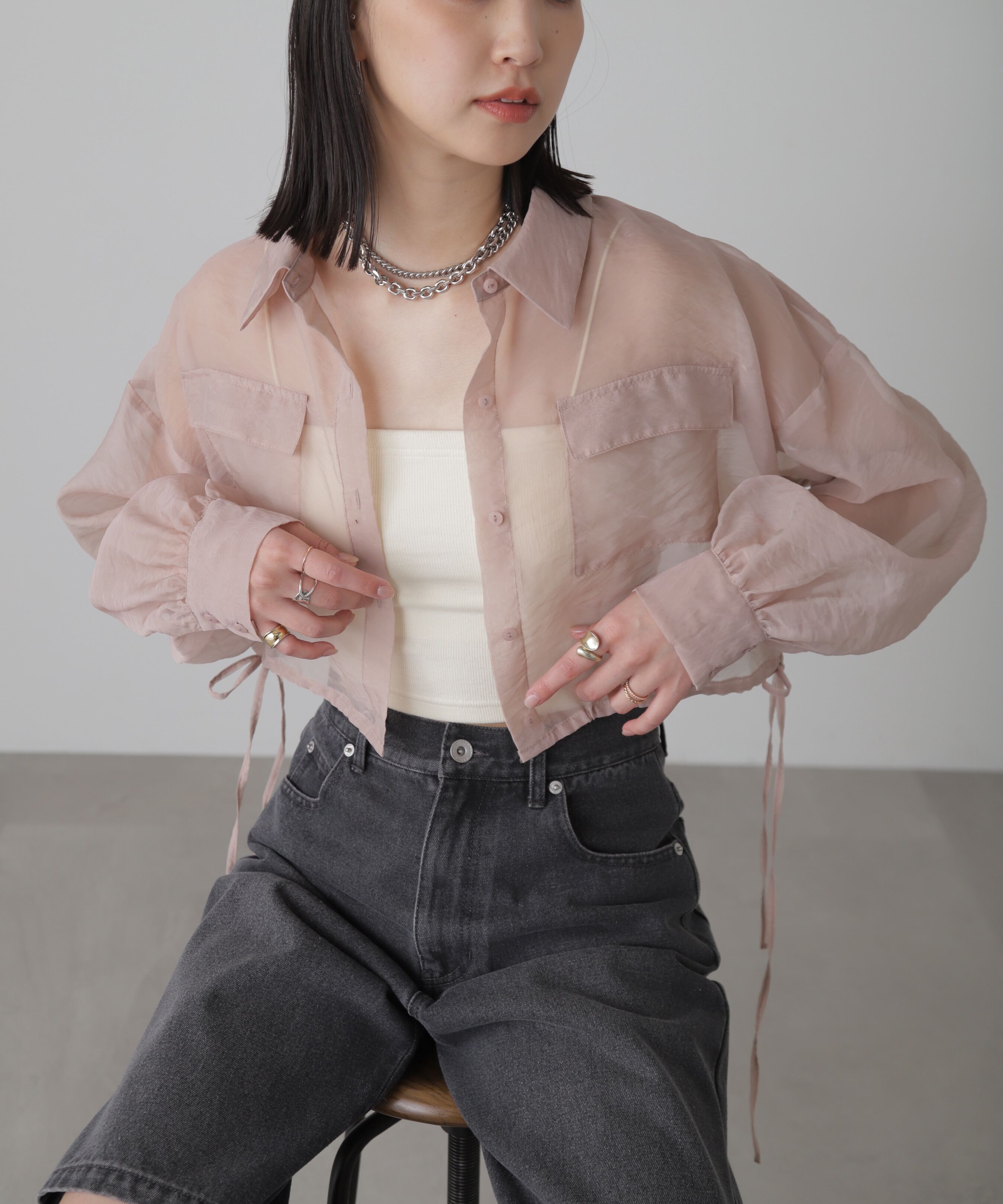  「裾ドロストショート丈シアーシャツ」|シャツ・ブラウス|ピンク