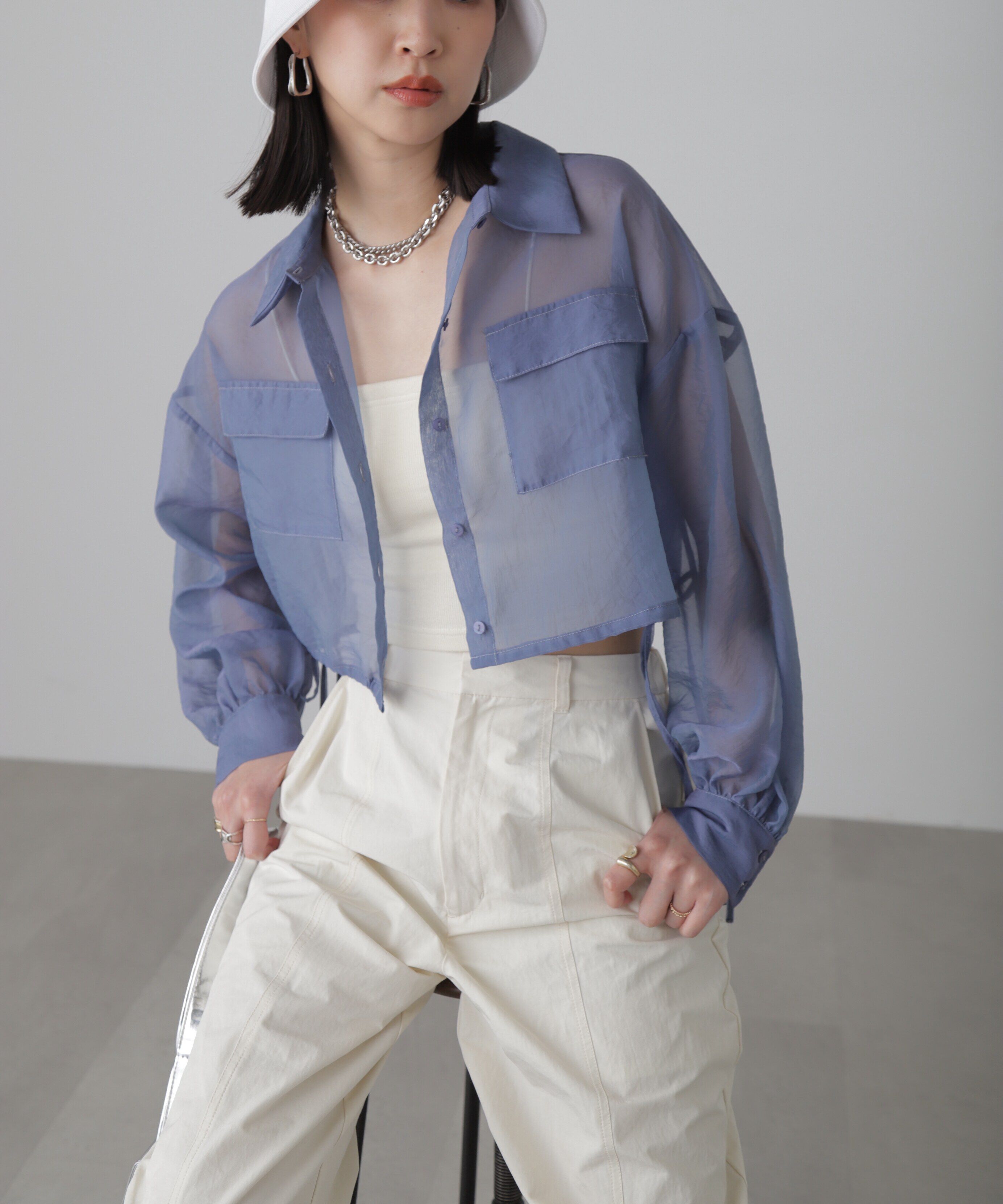  「裾ドロストショート丈シアーシャツ」|シャツ・ブラウス|ブルー