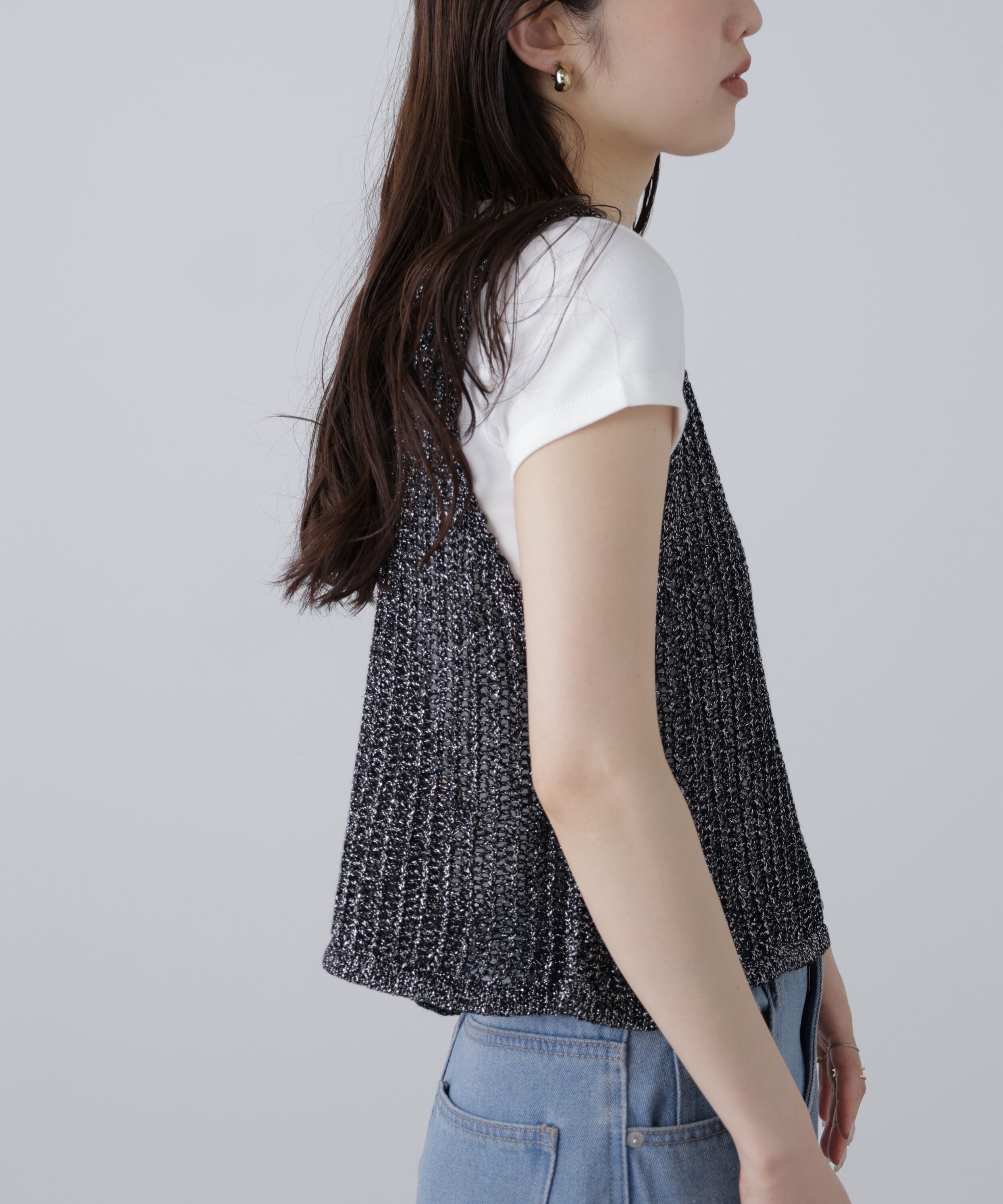  「前後2wayラメニットメッシュベスト」|ニット・セーター|