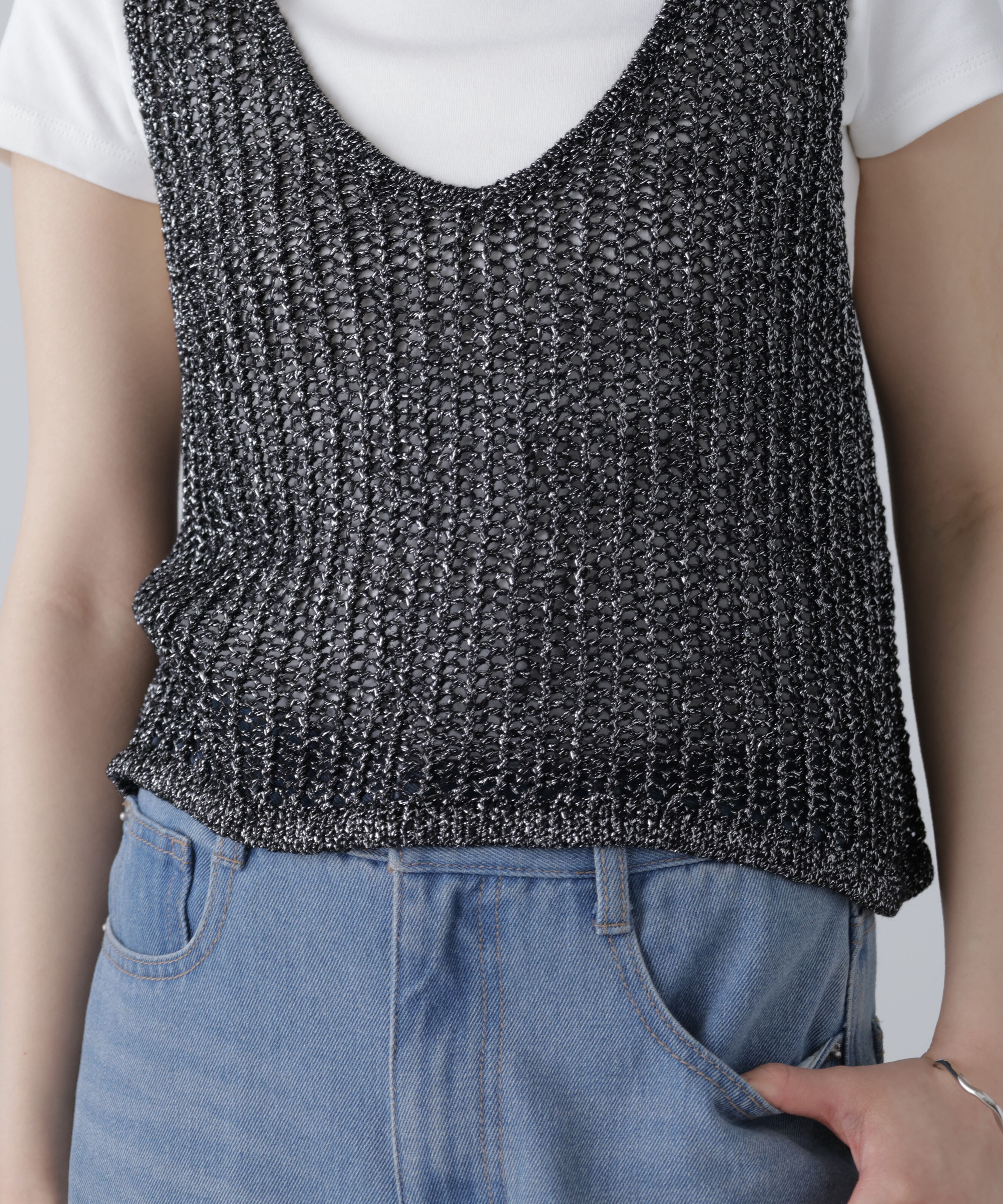  「前後2wayラメニットメッシュベスト」|ニット・セーター|