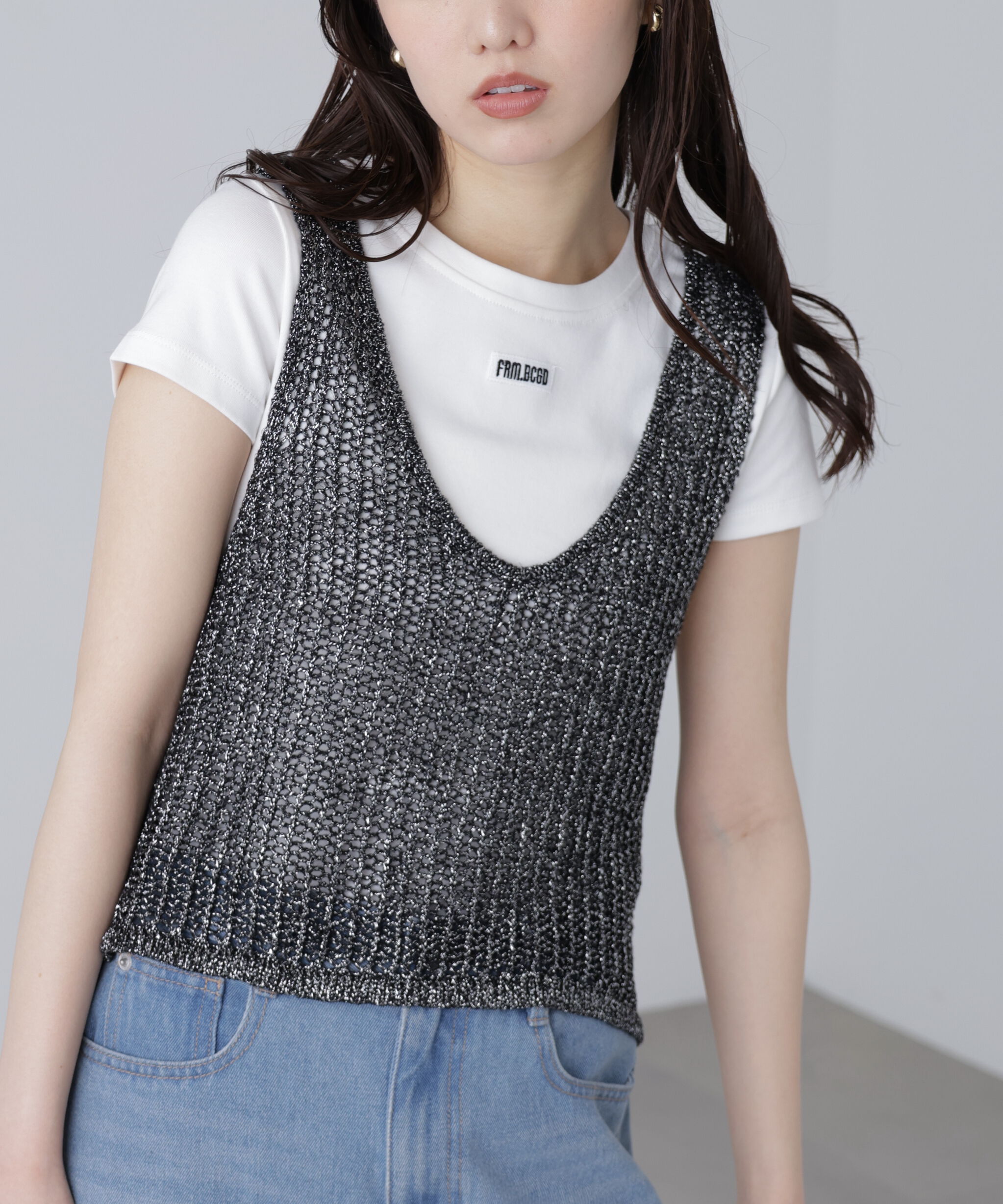  「前後2wayラメニットメッシュベスト」|ニット・セーター|