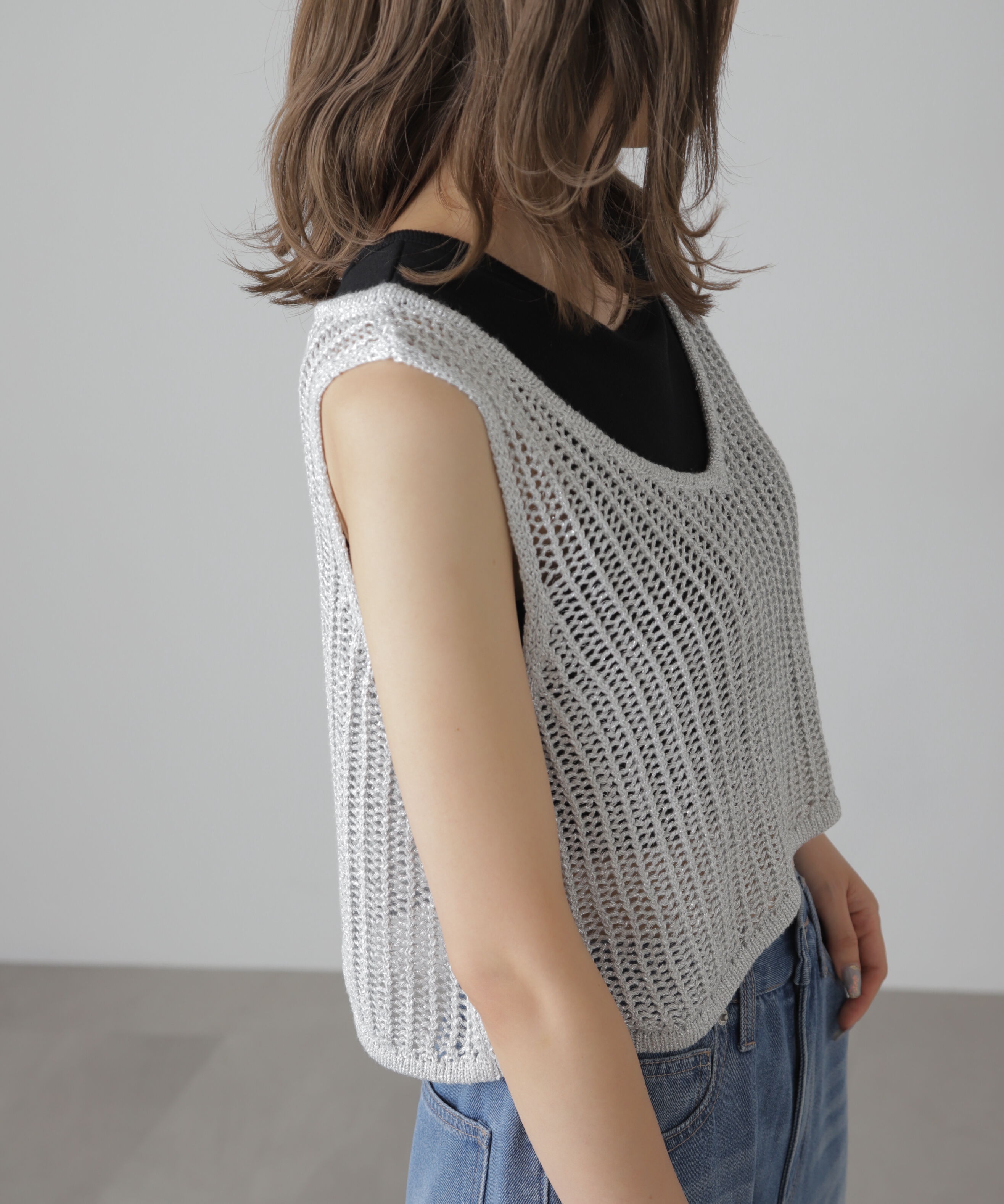  「前後2wayラメニットメッシュベスト」|ニット・セーター|