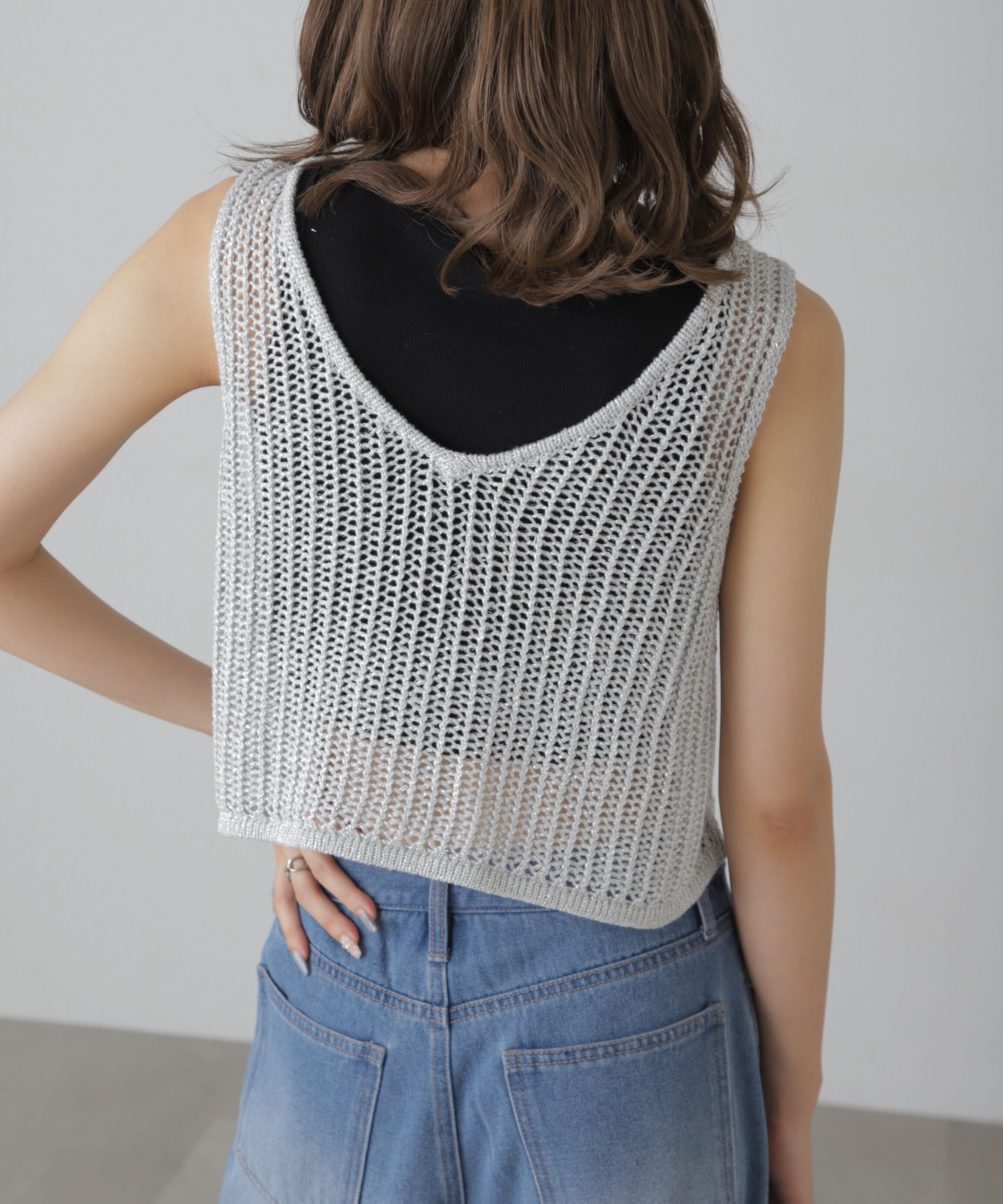  「前後2wayラメニットメッシュベスト」|ニット・セーター|