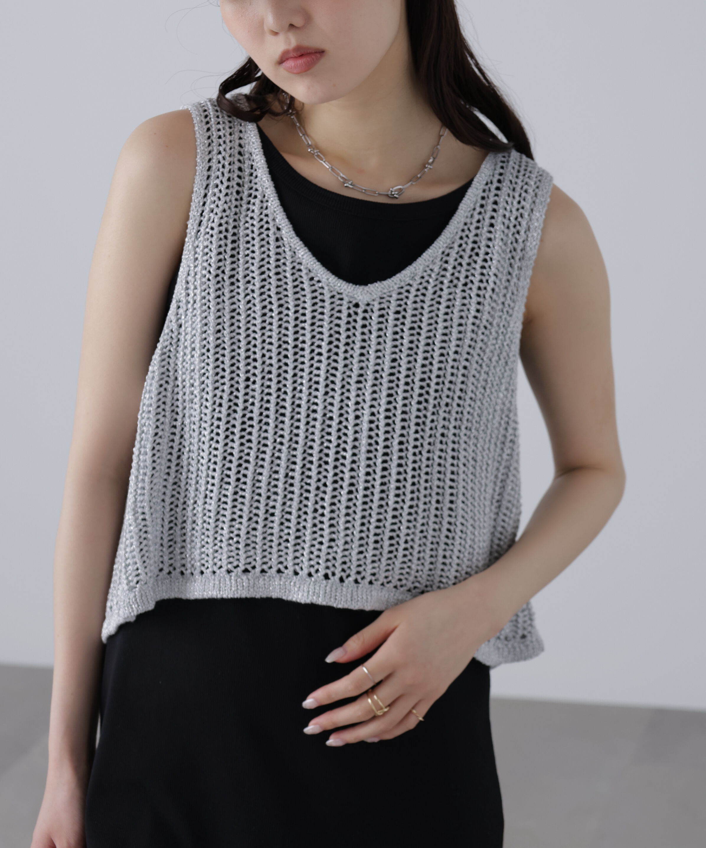  「前後2wayラメニットメッシュベスト」|ニット・セーター|