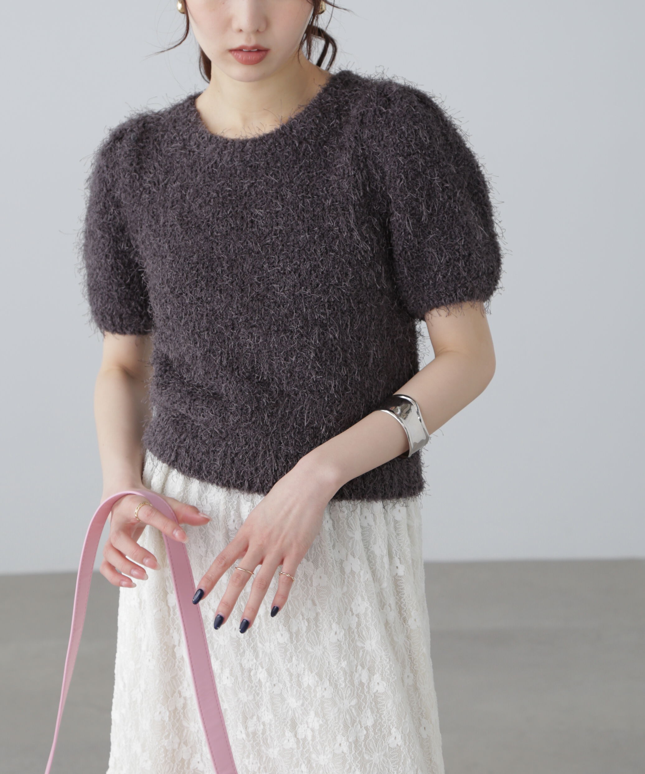  「フェザーパフスリーブ半袖ニット」|ニット・セーター|グレー