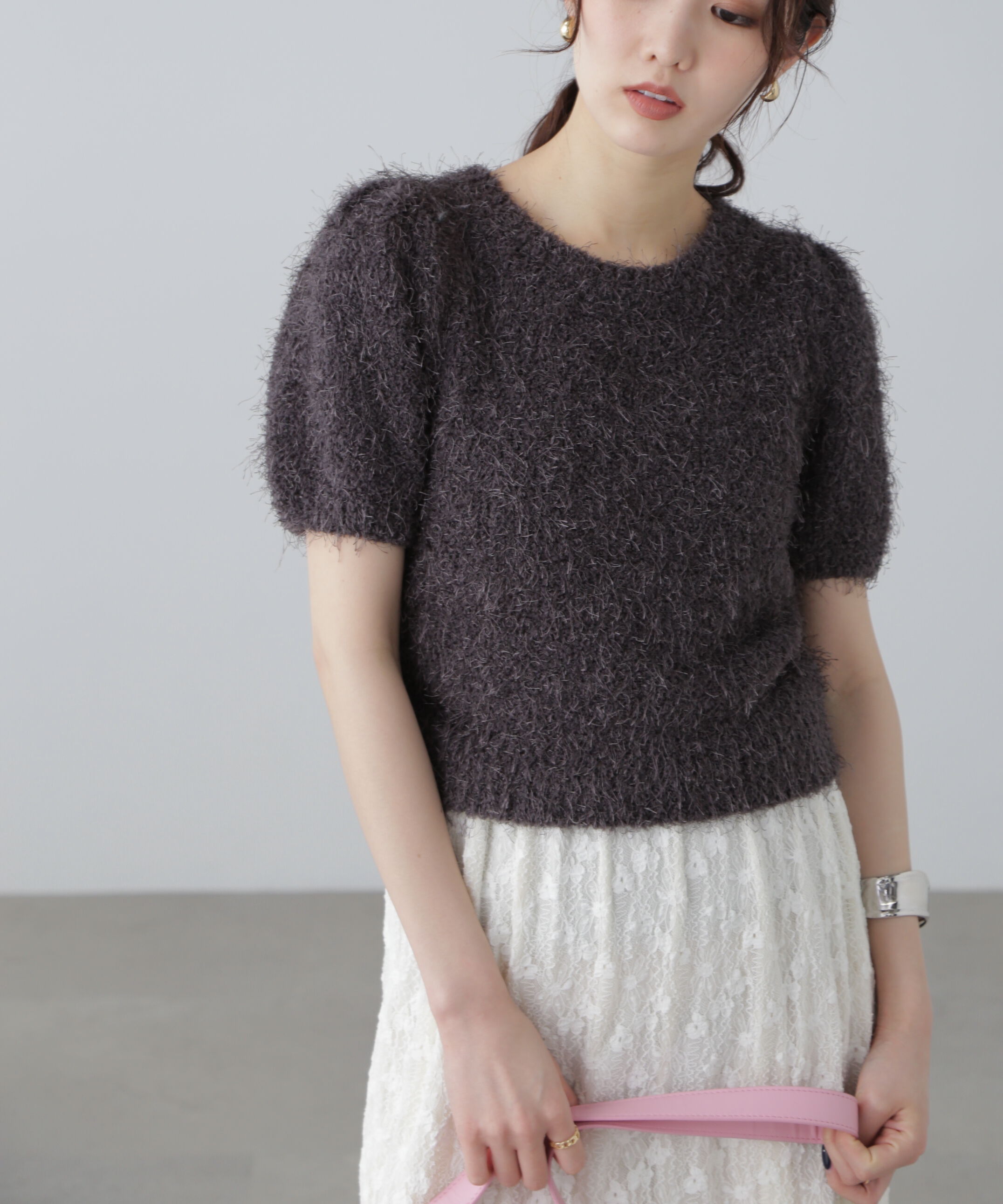 「フェザーパフスリーブ半袖ニット」|ニット・セーター|