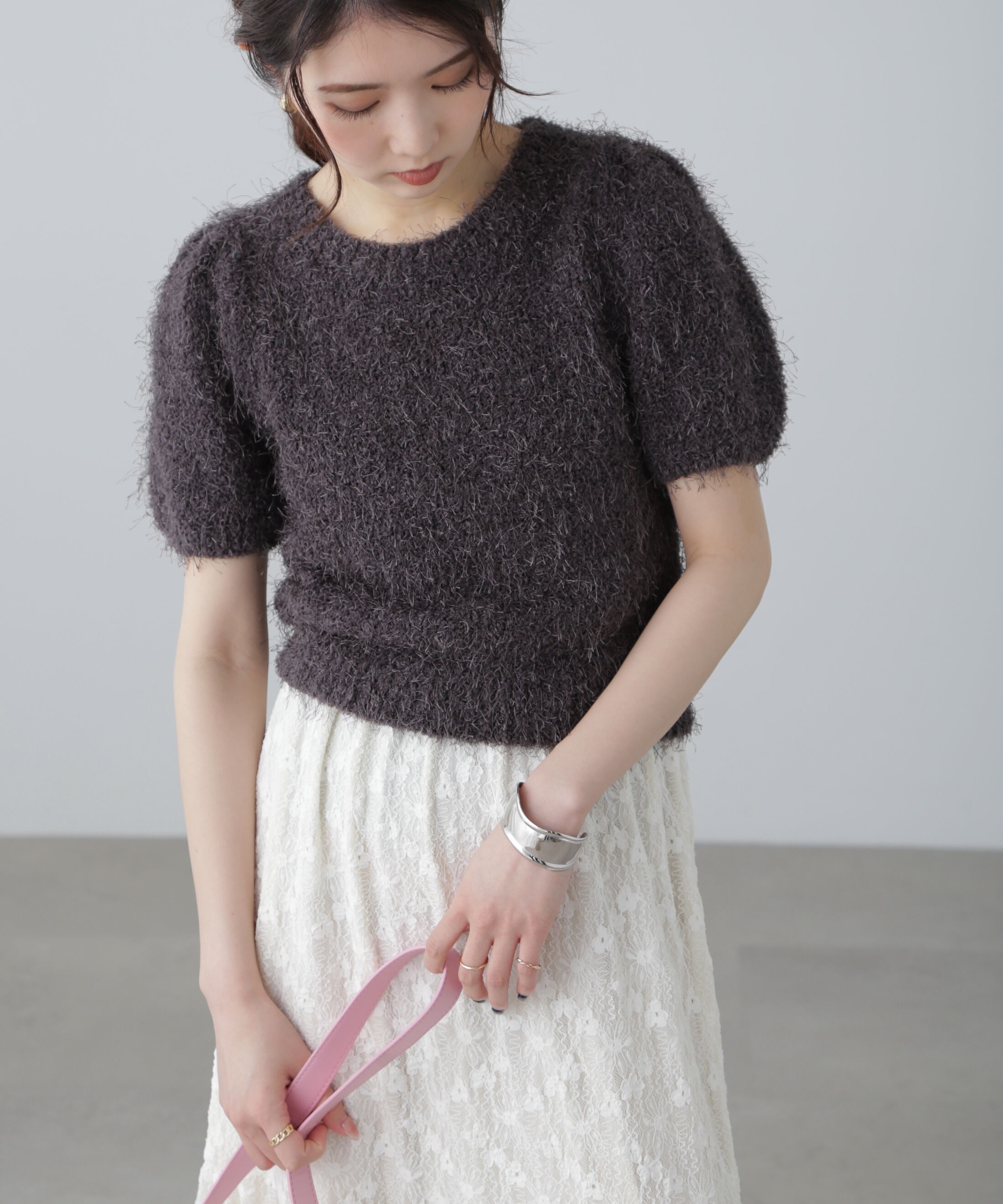  「フェザーパフスリーブ半袖ニット」|ニット・セーター|