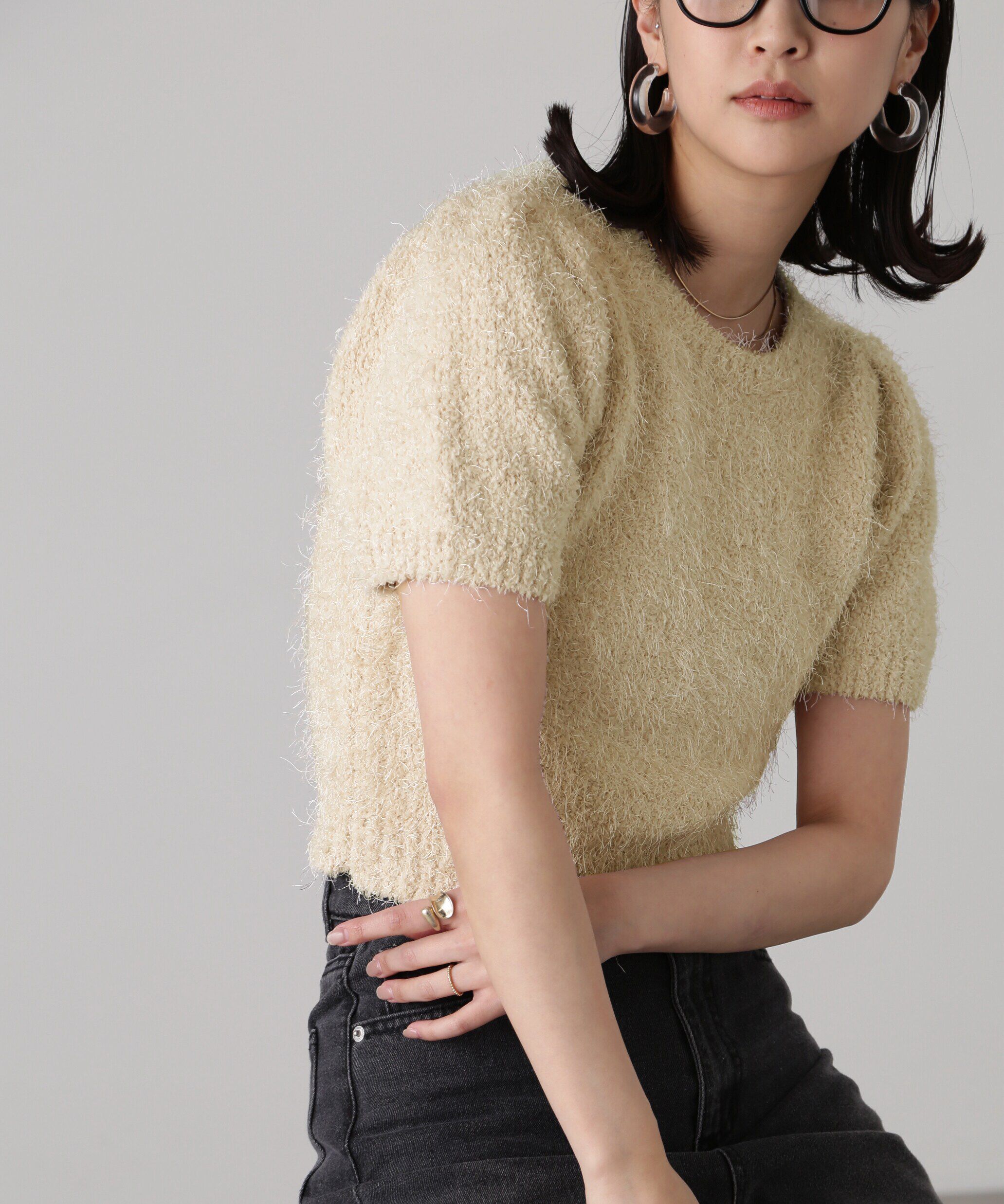  「フェザーパフスリーブ半袖ニット」|ニット・セーター|オフ