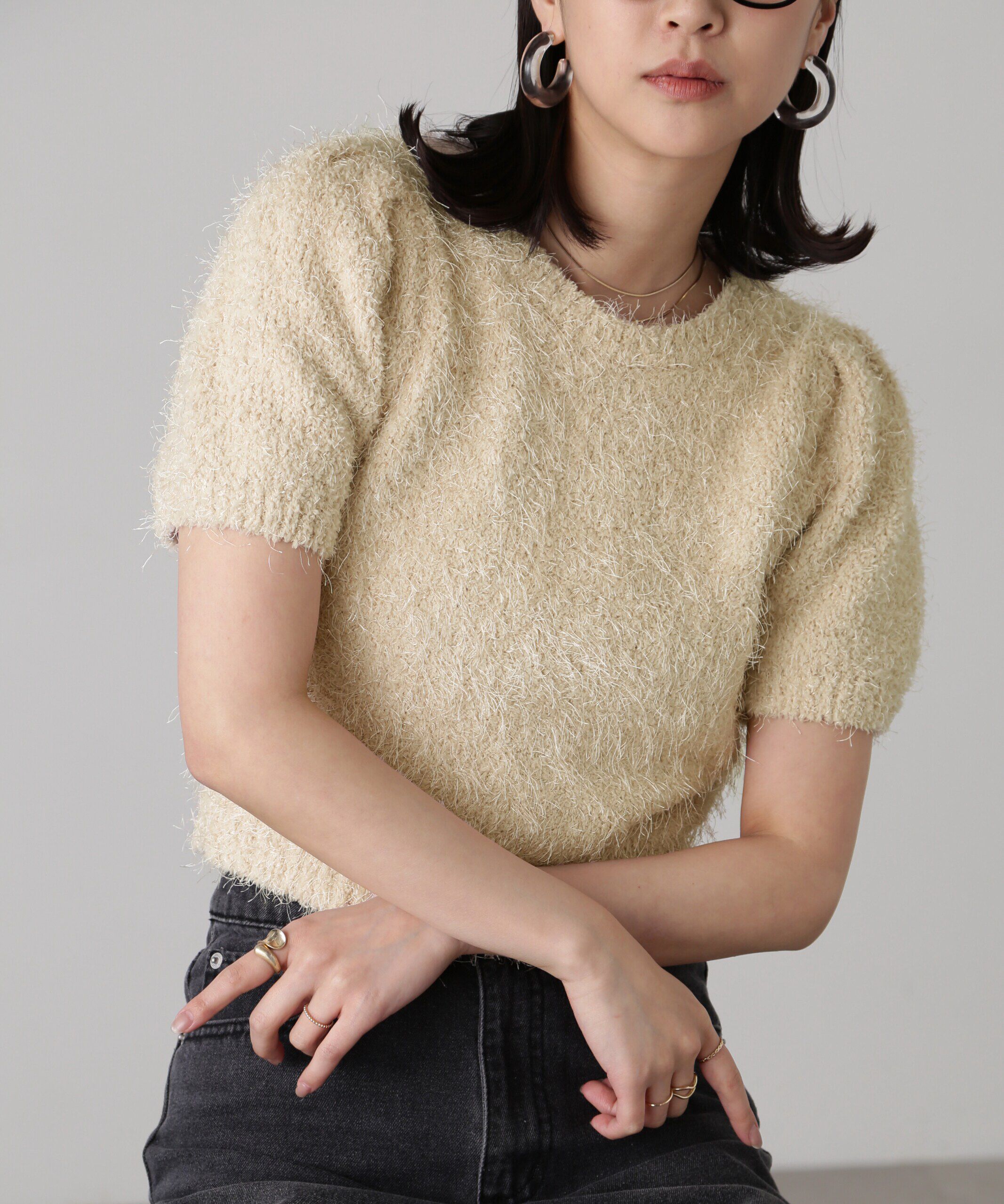  「フェザーパフスリーブ半袖ニット」|ニット・セーター|