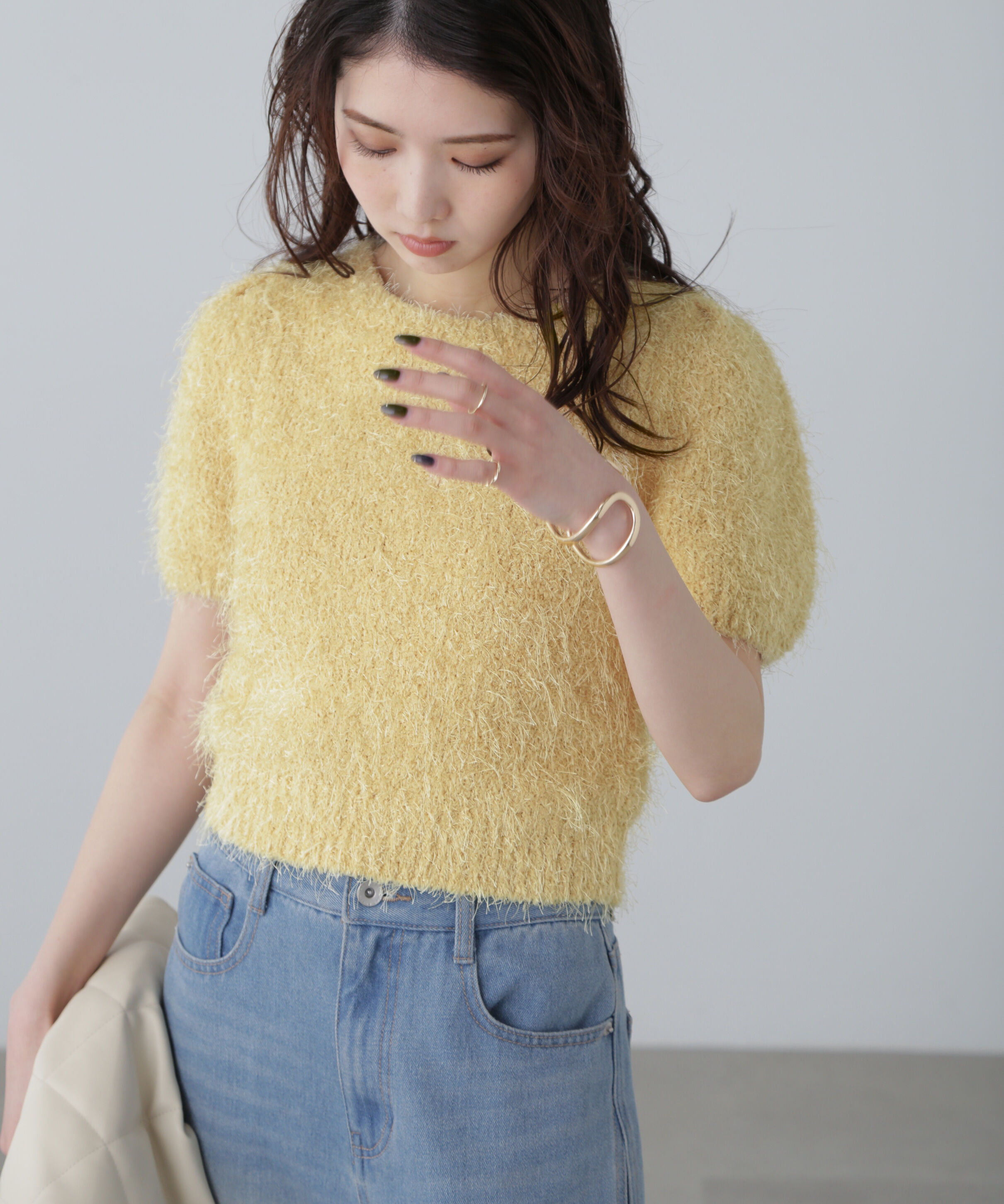  「フェザーパフスリーブ半袖ニット」|ニット・セーター|