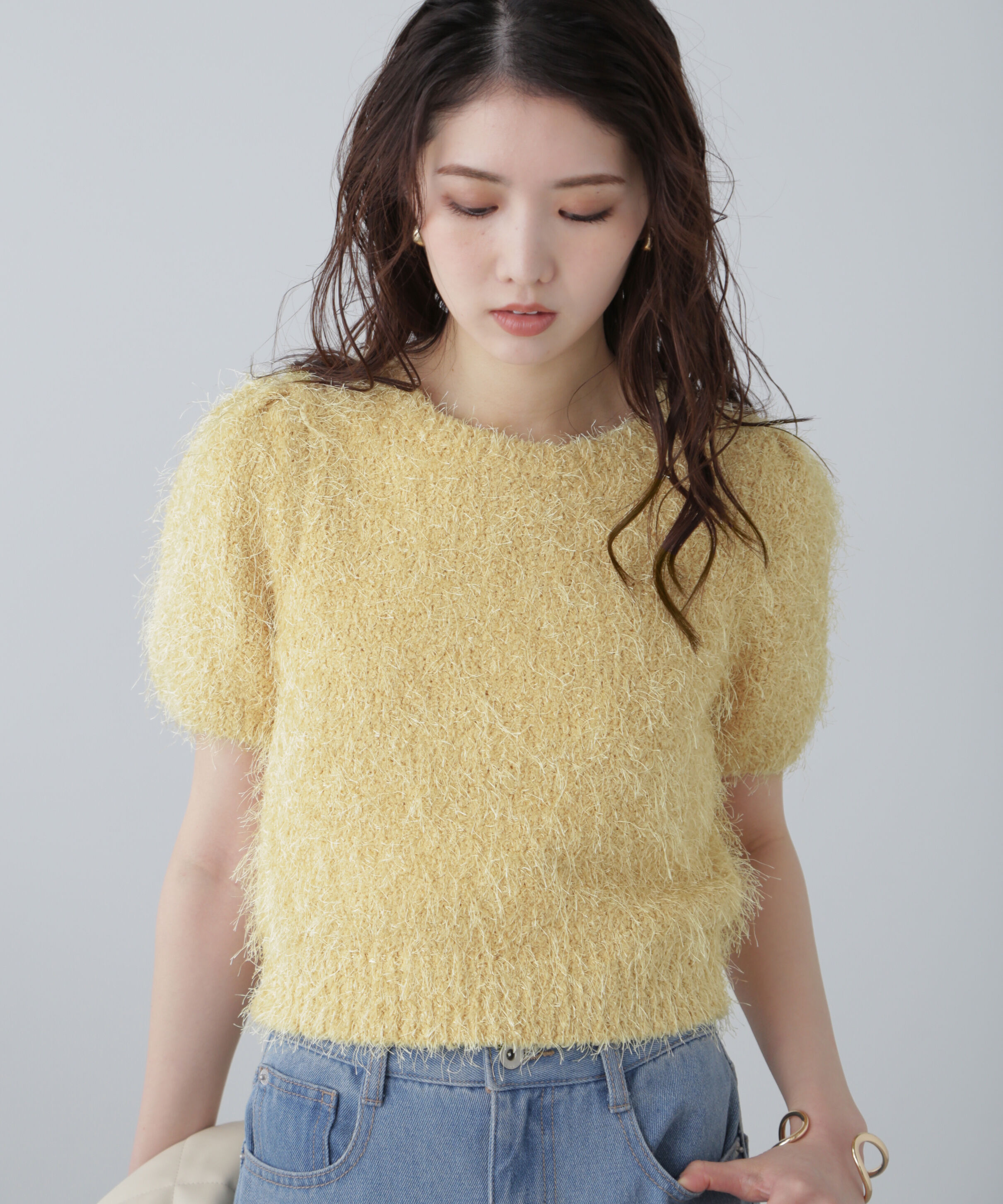  「フェザーパフスリーブ半袖ニット」|ニット・セーター|