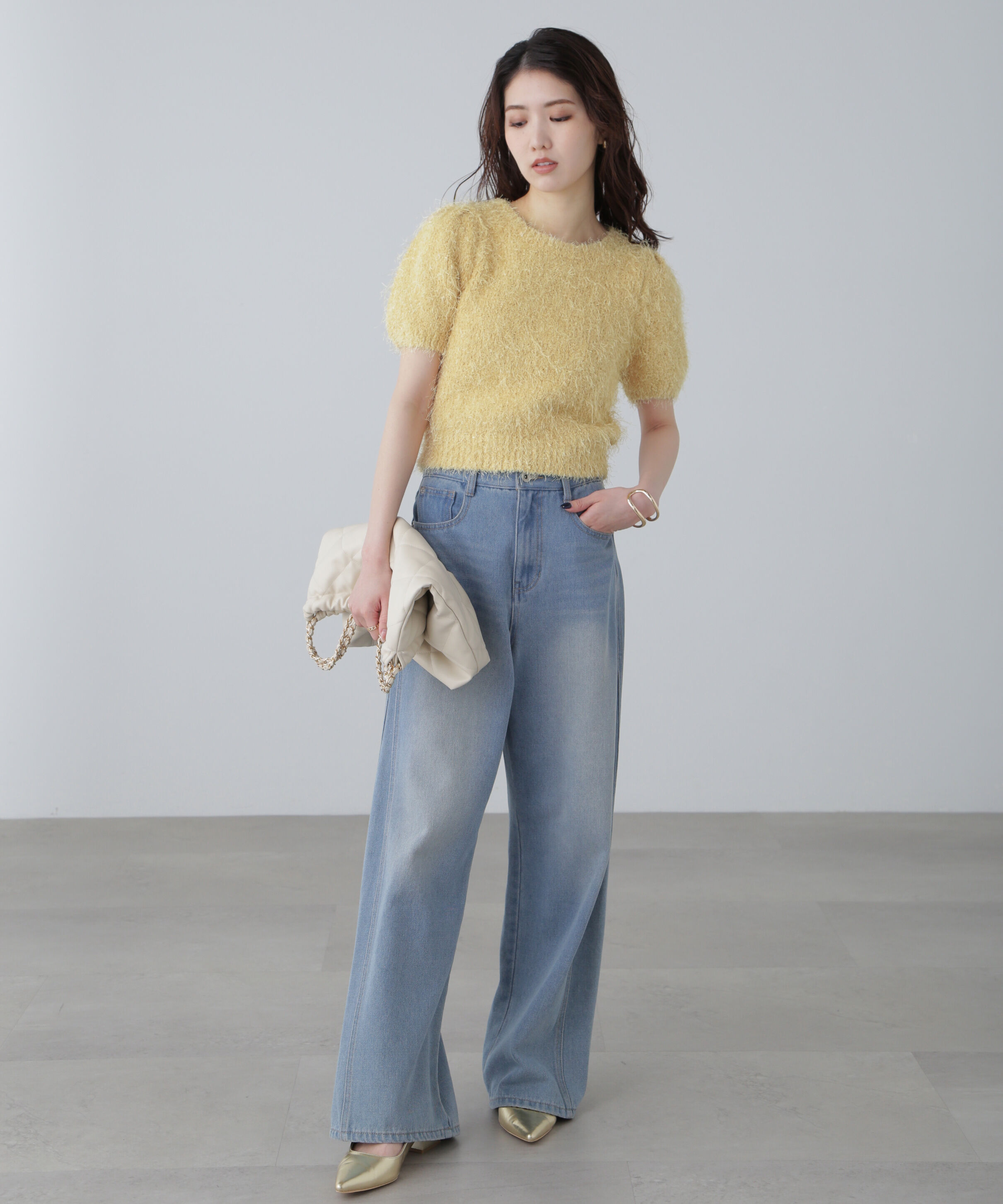  「フェザーパフスリーブ半袖ニット」|ニット・セーター|