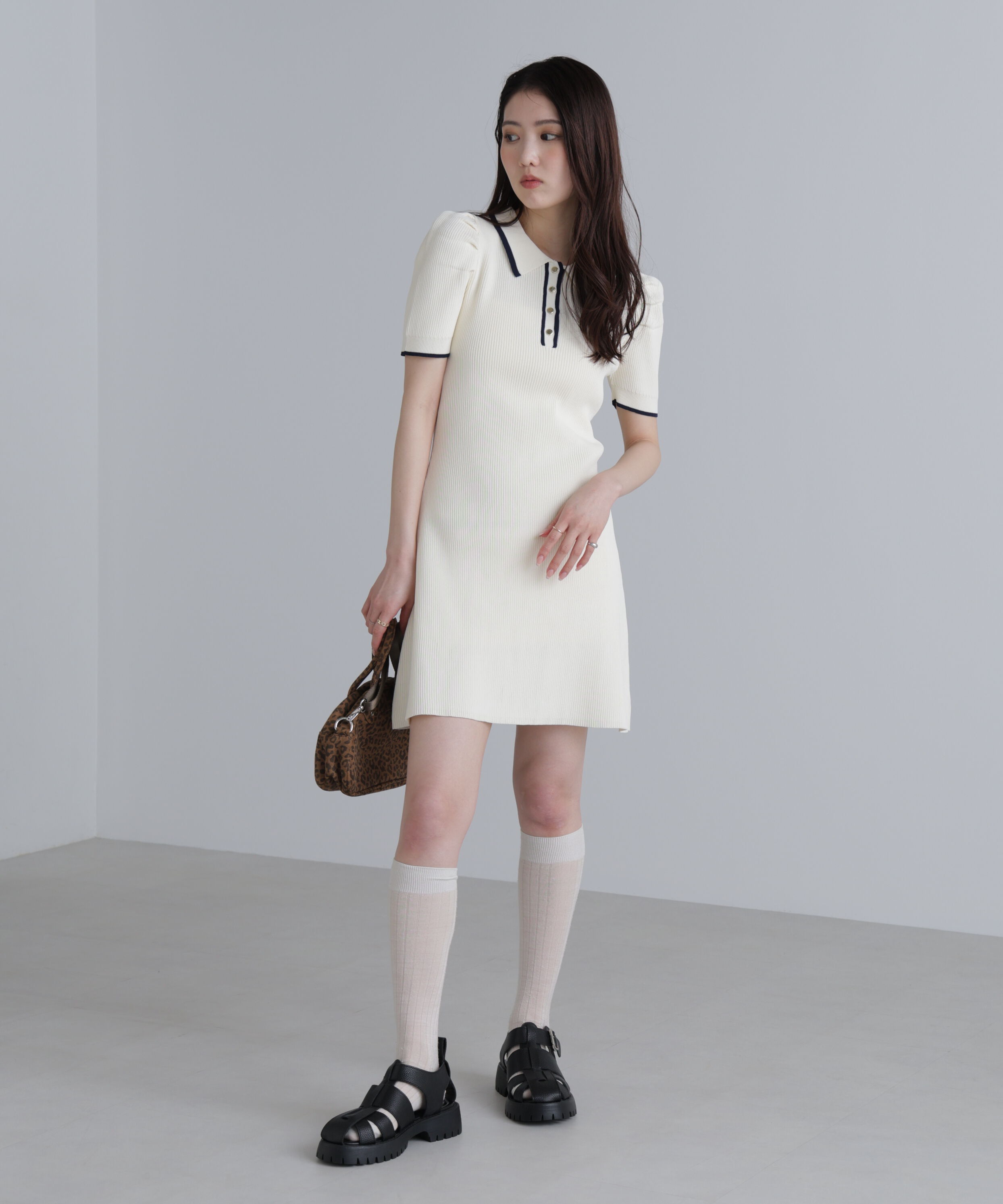  「配色ラインポロニットワンピース」|ワンピース|